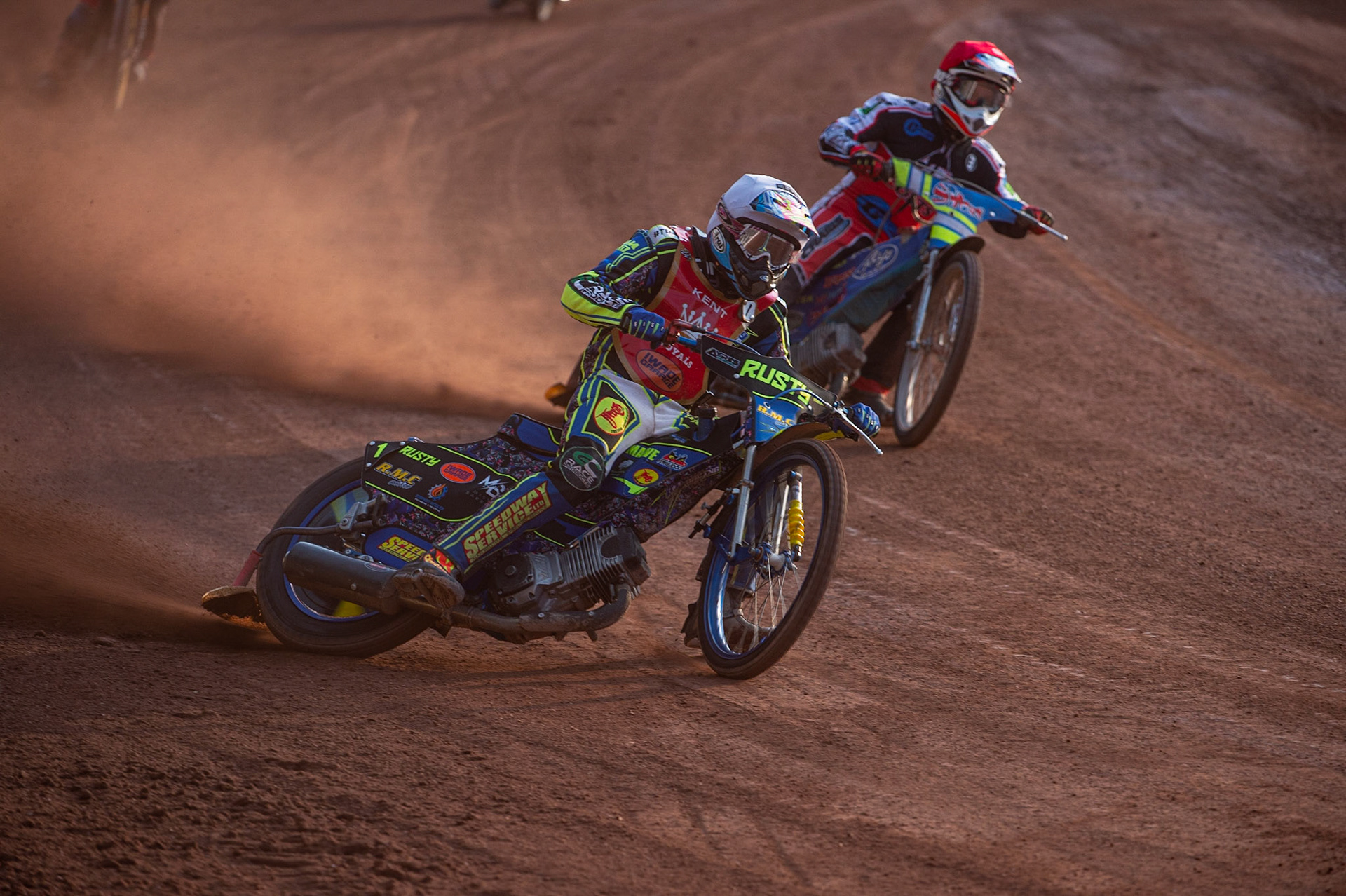 MANCHESTER, UK. JULY 2ND  Ryan Kinsley  (White) leads Benji Compton  (Red) during the National Development League match between Belle Vue Colts and Kent Royals at the National Speedway Stadium, Manchester on Friday 2nd July 2021. (Credit: Ian Charles | MI News)