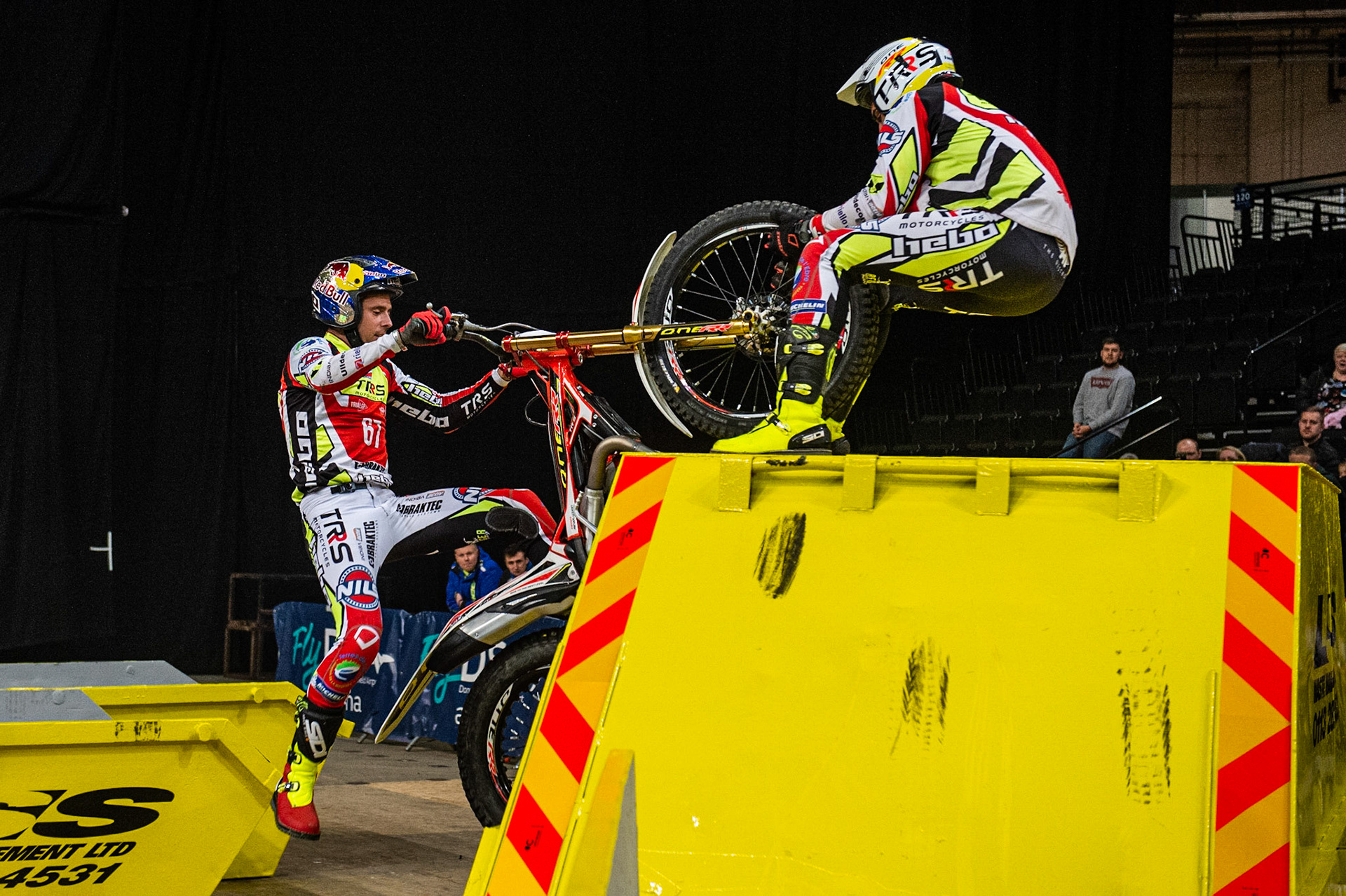 SHEFFIELD, ENGLAND  - DECEMBER 28TH   Adam Raga, Spain (TRRS) struggles on the final section of the final, as his minder grabs the wheel during the 25th Anniversary Sheffield Indoor Trial at the FlyDSA Arena, Sheffield on Saturday 28th December 2019. (Credit: Ian Charles | MI News)