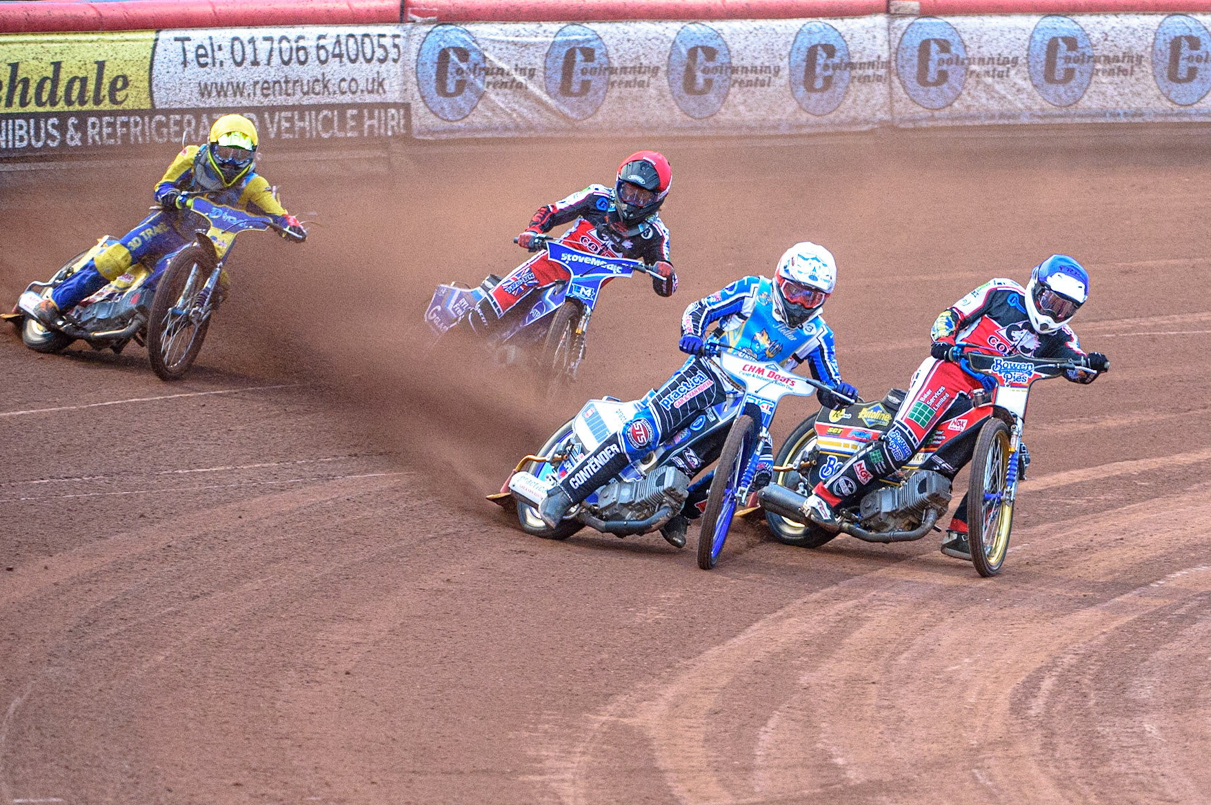 MANCHESTER, UK. AUGUST 20TH  Danny Phillips  (White) outside Paul Bowen  (Blue) with Harry McGurk  (Red) and George Rothery  (Yellow) behindduring the National Development League match between Belle Vue Aces and Armadale Devils at the National Speedway Stadium, Manchester on Friday 20th August 2021. (Credit: Ian Charles | MI News)