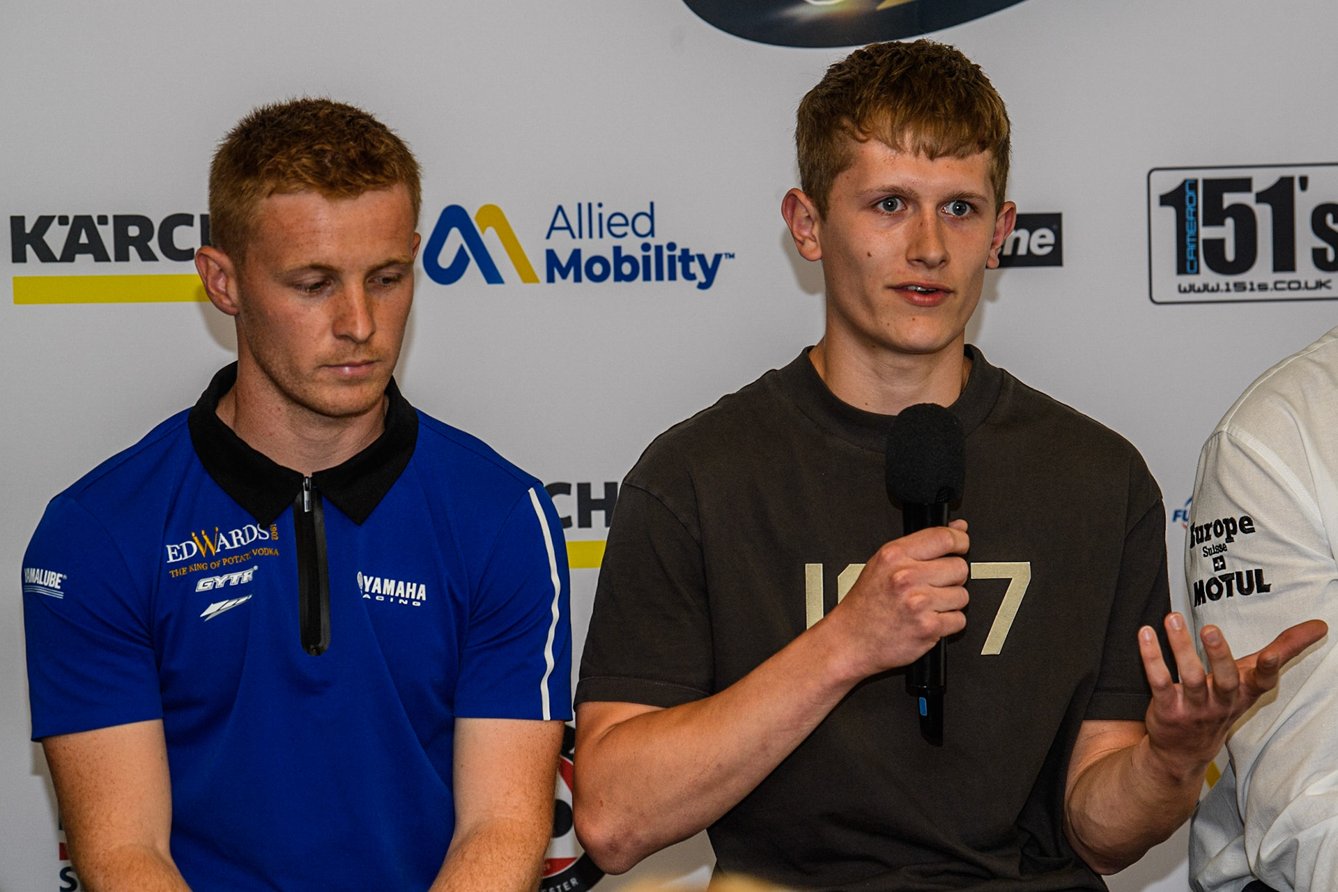 Flat Track riders Tim Neave (left), and Archie May during the FIM Flat Track World Championship &amp; FIM Women's Speedway Academy Launch at the National Speedway Stadium, Manchester on Monday 3rd July 2023. (Photo: Ian Charles | MI News)
