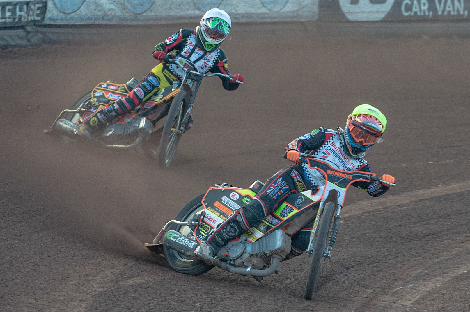 Photo: Ian Charles

Jordan Palin (Yellow) leads Joe Thompson (White)

Summer Speed Saturday & British Youth Speedway Championship Round 5, National Speedway Stadium, Manchester, Saturday 22 June 2019