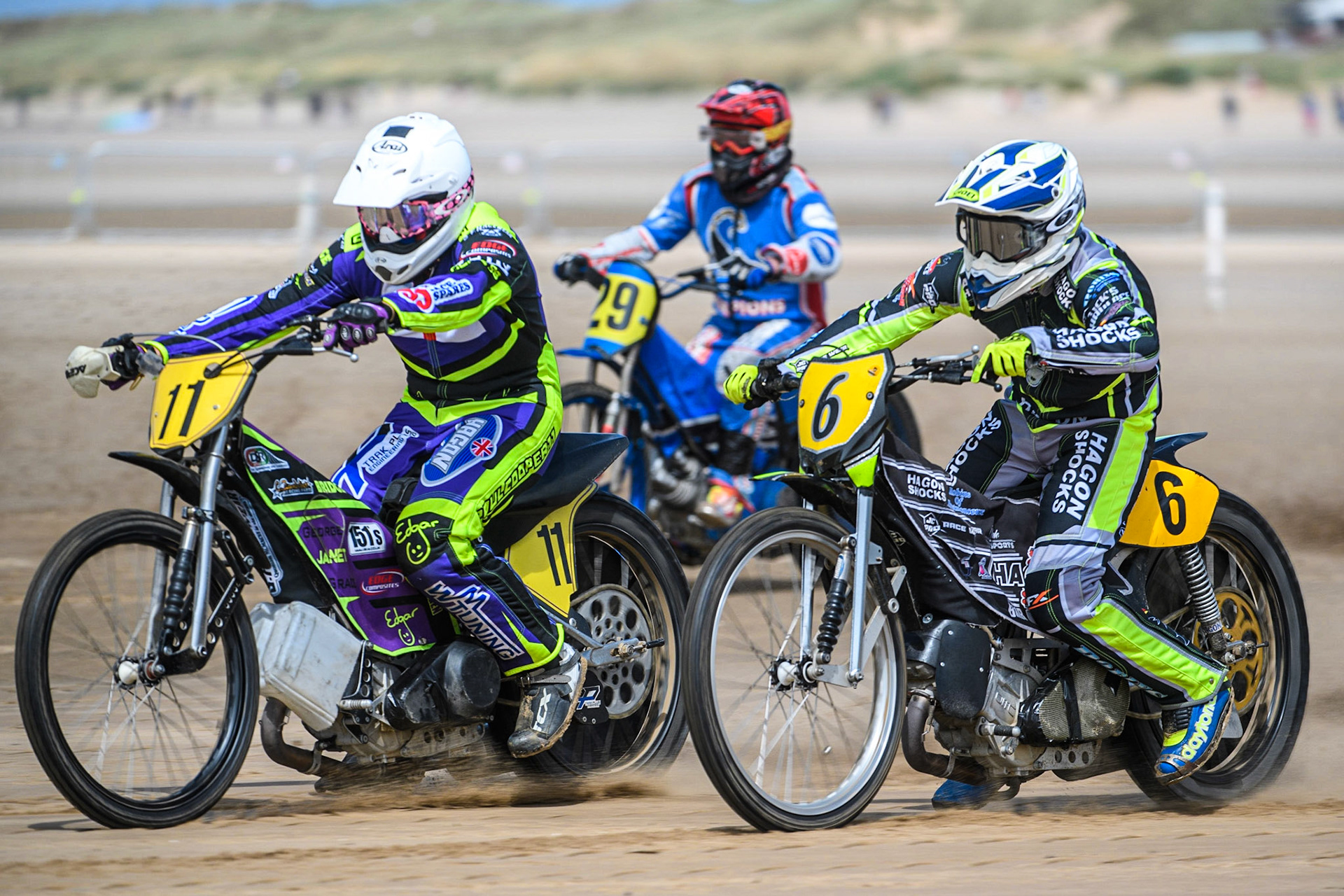 Paul Cooper (11) leads Edward Kennett (6) with Mark Wrathall (29) behind during the Fylde ACU British Sand Racing Masters Championship at  St Annes on Sea, Lancashire on Sunday 30th July 2023. (Photo: Ian Charles | MI News)
