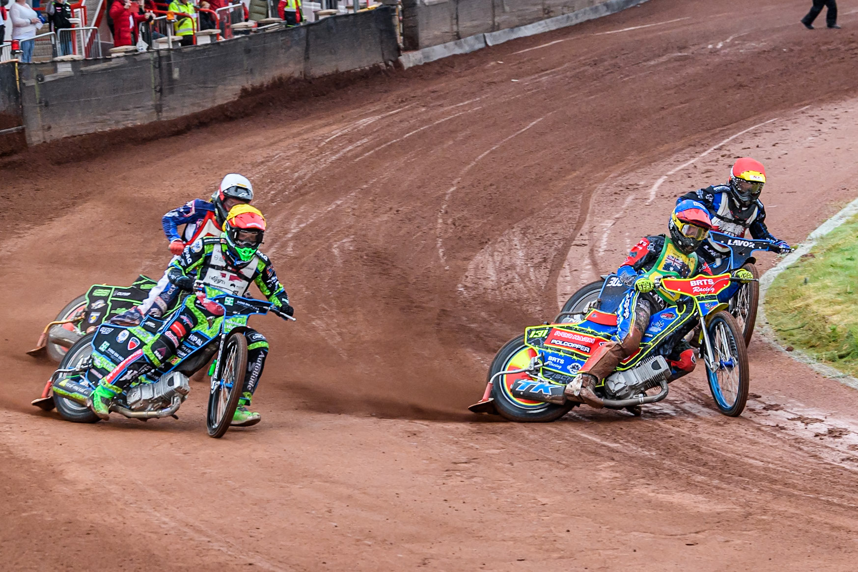 Tate Zischke of Australia in Blue leading Mikkel Andersen of Denmark in Yellow Jan Jenicek of Czechia in White and Antoni Mencel of Poland in Red during the FIM SGP2 Qualifying Round at the Peugeot Ashfield Stadium in Glasgow on Saturday 24th May 2025. (Photo: Ian Charles | MI News)