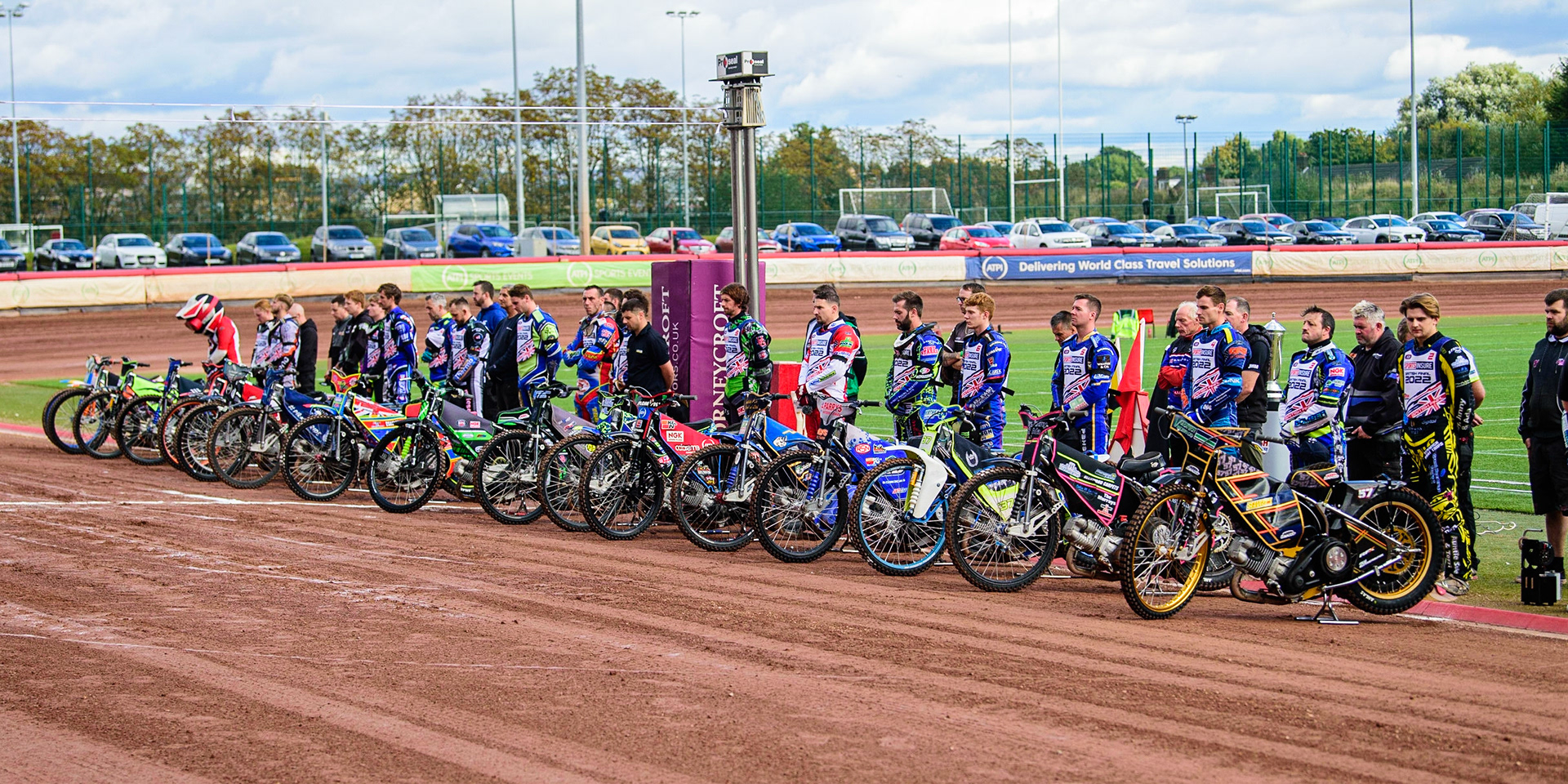 The riders observe the minute’s silence for HM Queen Elizabeth II during the Sports Insure British Speedway Final, at the National Speedway Stadium, Manchester, on Sunday 18th September 2022. (Credit: Ian Charles | MI News )