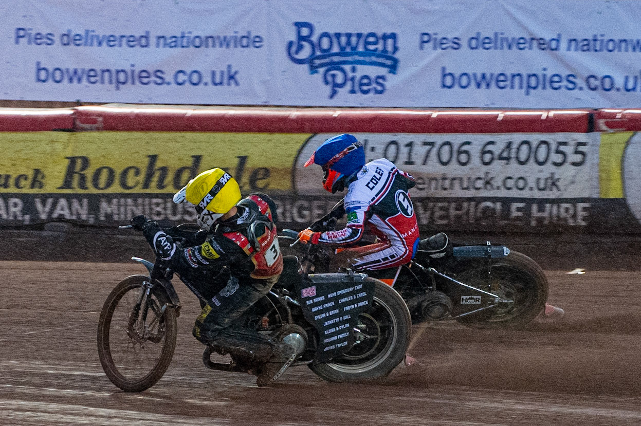 MANCHESTER, UK. JULY 2ND  Daniel Gilkes  (Yellow) inside Connor Coles  (Blue) during the National Development League match between Belle Vue Colts and Kent Royals at the National Speedway Stadium, Manchester on Friday 2nd July 2021. (Credit: Ian Charles | MI News)