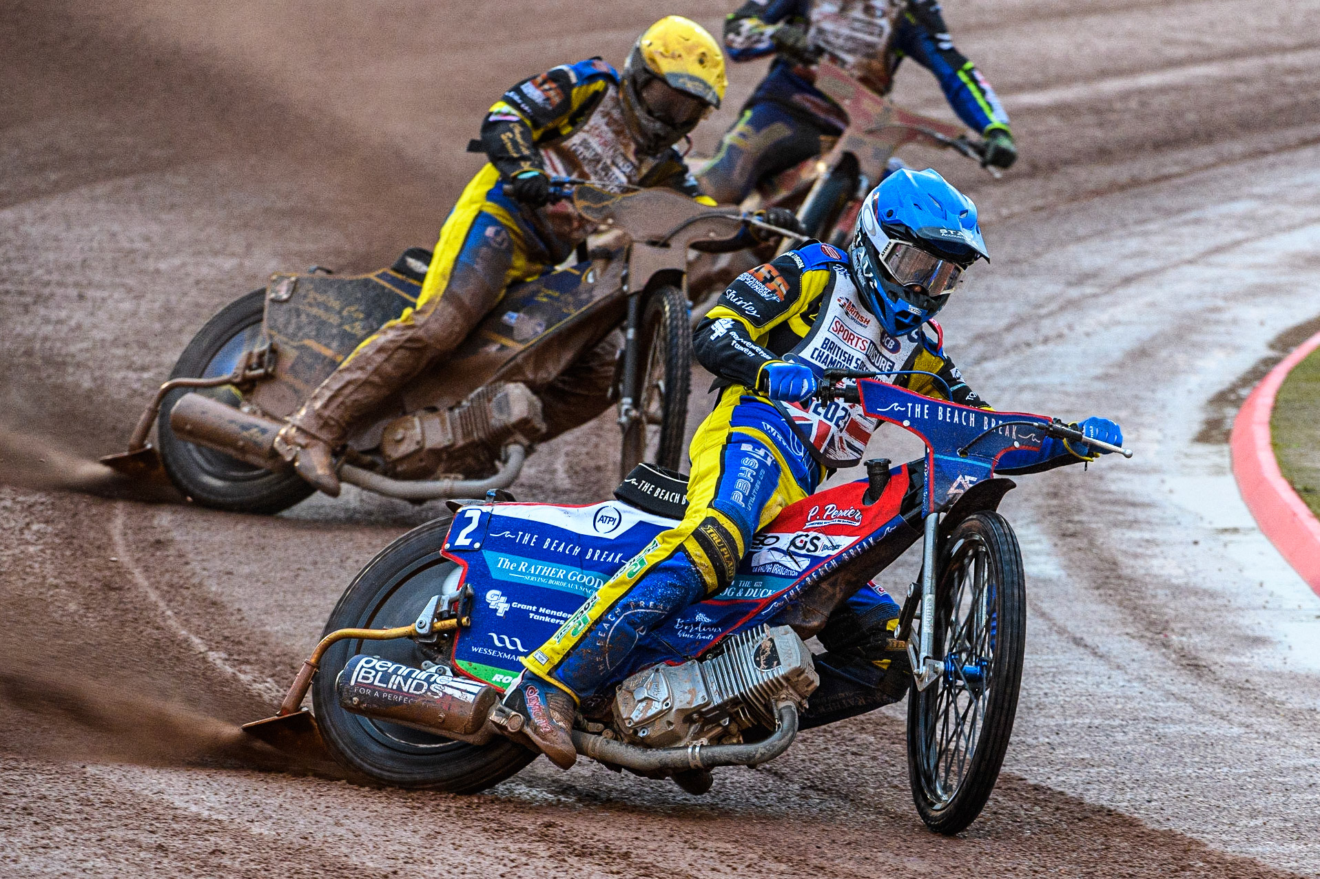 Adam Ellis (Blue) leads Kyle Howarth (Yellow) during the Sports Insure British Speedway Final at the National Speedway Stadium, Manchester on Monday 14th August 2023. (Photo: Ian Charles | MI News)