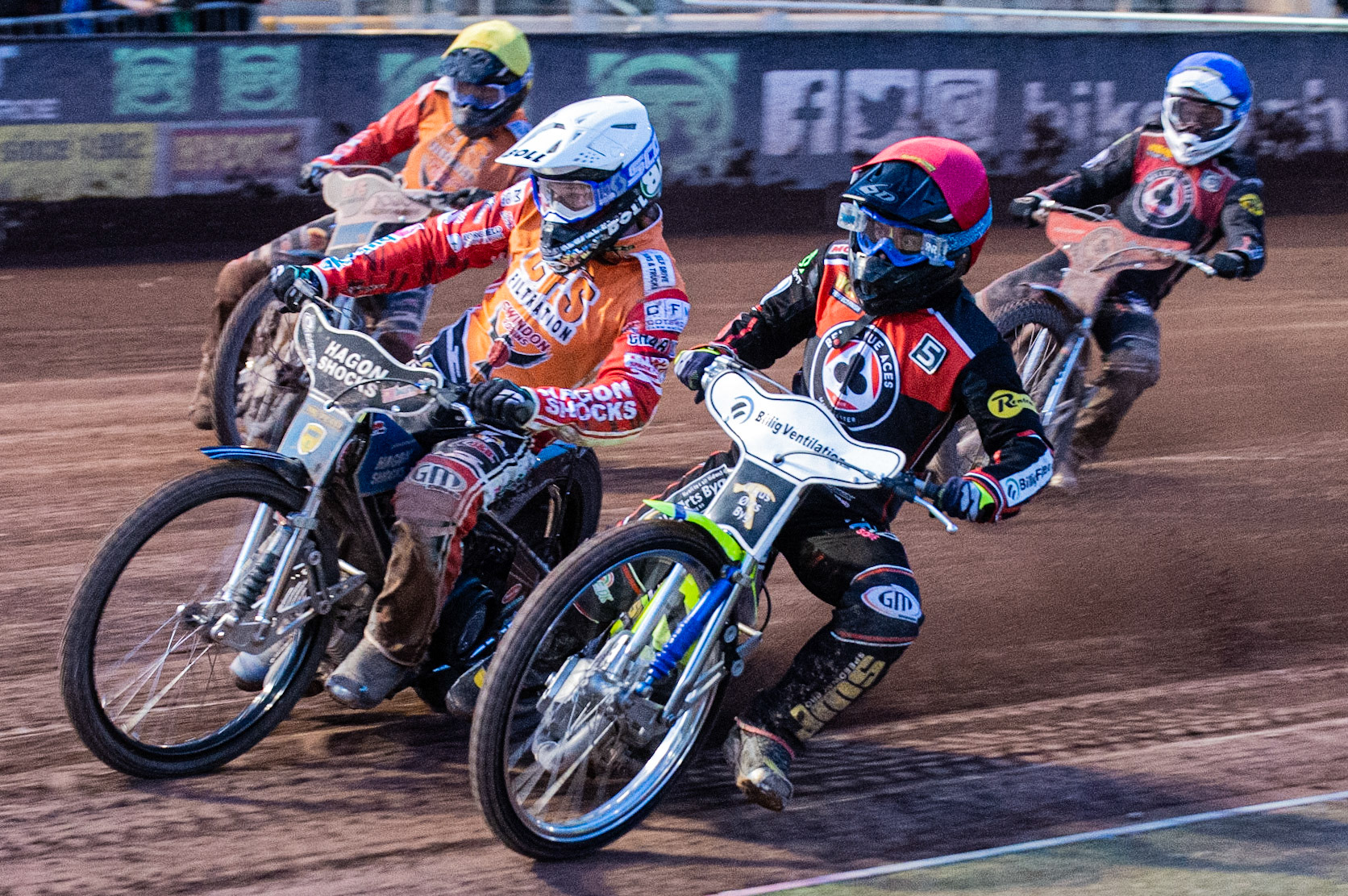 Photo by Ian Charles

Belle Vue Aces  Kenneth Bjerre  (Red) inside Swindon Robins Jason Doyle  (White) and Adam Ellis  (Yellow) with Jaimon Lidsey  (Blue) behind


Belle Vue Aces v Swindon Robins, British Speedway Premiership, Belle Vue National Speedway Stadium, Manchester, Monday 12  August  2019