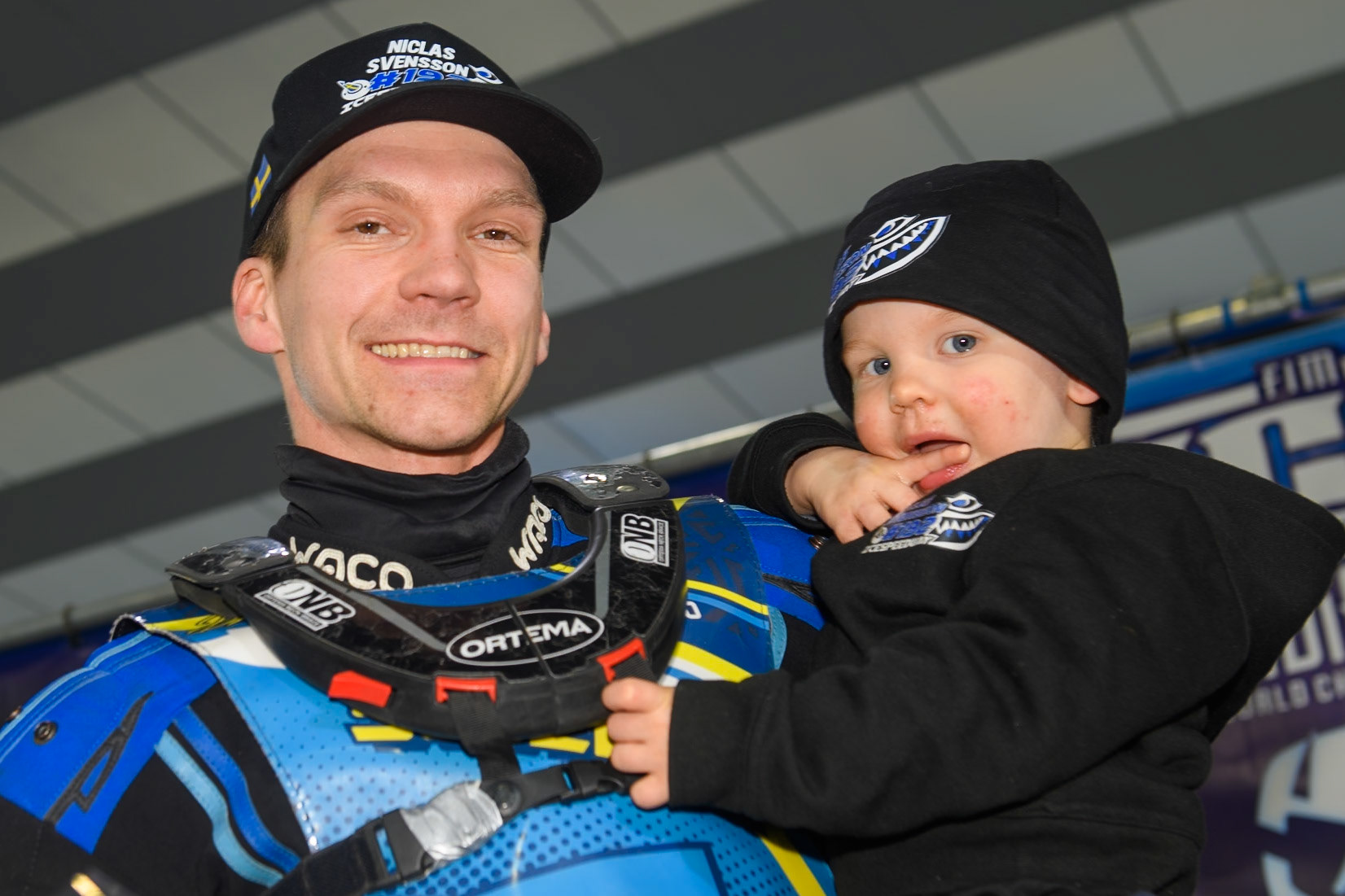 Niklas Svensson with his son during the FIM Ice Speedway Gladiators World Championship, Final 3 at the Ice Stadium, Thialf, Heerenveen on Saturday 5th April 2025. (Photo: Ian Charles | MI News)
