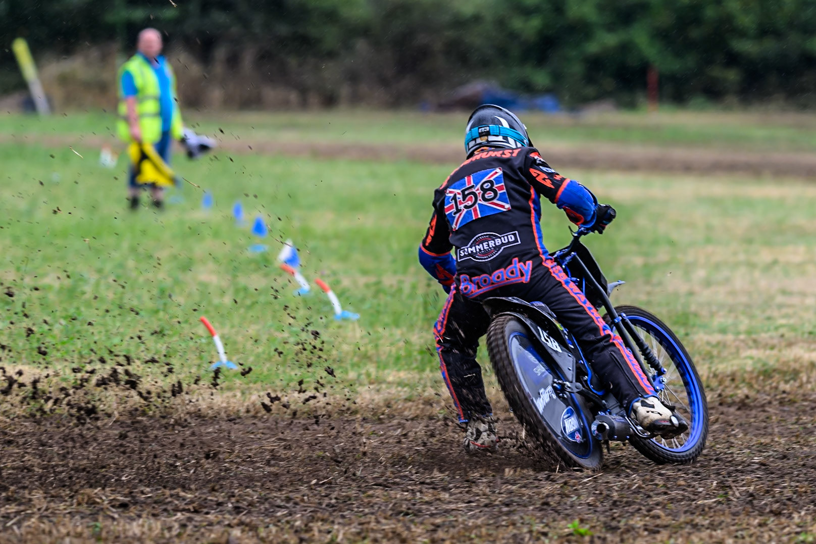 Wayne Broadhurst (158) in action in the GT140 Class during the ACU Northern Grass Track Riders Championship at Cheshire Grass Track Club, Frog Lane, Knutsford, Cheshire on Sunday 20th July 2025. (Photo: Ian Charles | MI News)