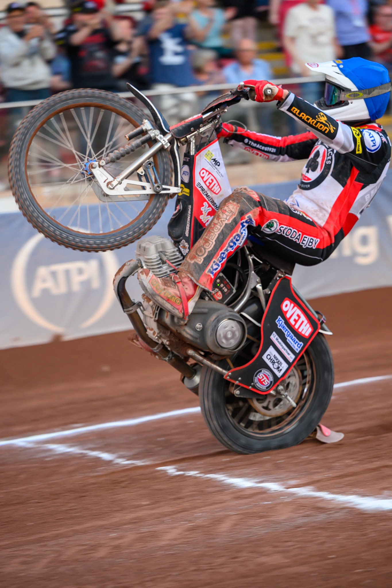 Peter Kildemand of Belle Vue Aces does a wheelie during the Rowe Motor Oil Premiership match between Belle Vue Aces and Ipswich Witches at the National Speedway Stadium, Manchester on Saturday 20th June 2026. (Photo: Ian Charles | MI News)