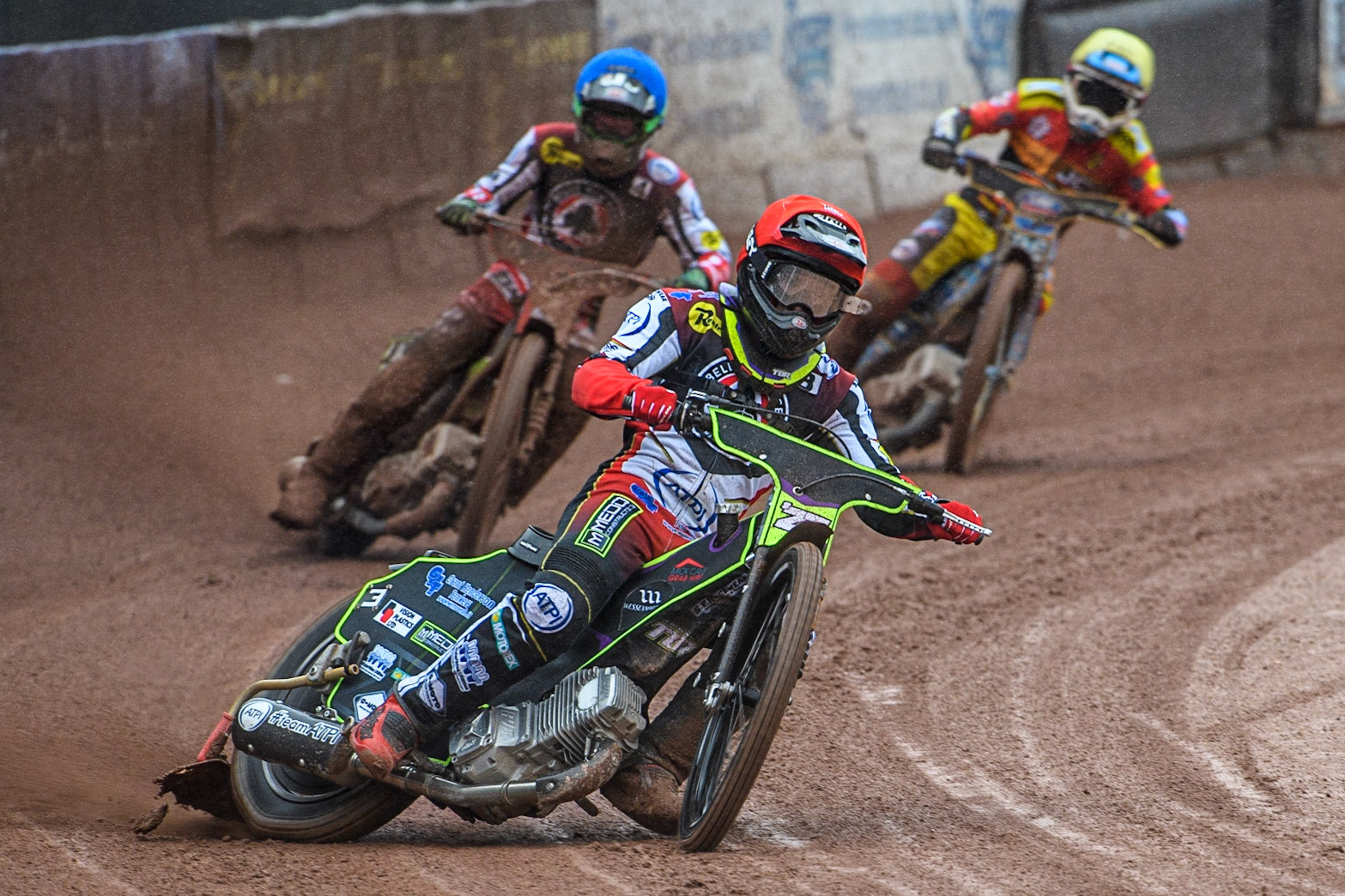 Tom Brennan  (Red) leads Charles Wright   (Blue) and Justin Sedgmen  (Yellow) during the SGB Premiership match between Belle Vue Aces and Leicester Lions at the National Speedway Stadium, Manchester on Monday 1st May 2023. (Photo: Ian Charles | MI News)