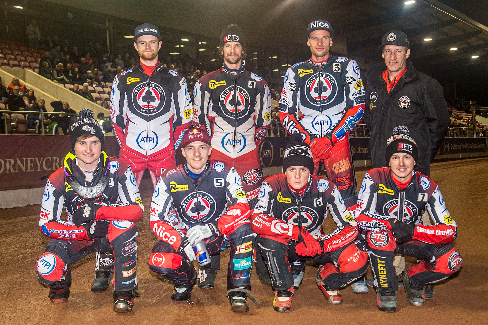The Belle Vue ATPI Aces : Rear (l-r): Brady Kurtz , Charles Wright , Robert Lambert, Mark Lemon  Manager. Kneeling: (l - r) Tom Brennan , Robert Lambert, Norick Blodorn , Jye Etheridge  during the SGB Premiership Semi Final 2nd Leg between Belle Vue Aces and Ipswich Witches at the National Speedway Stadium, Manchester on Monday 3rd October 2022. (Credit: Ian Charles | MI News)