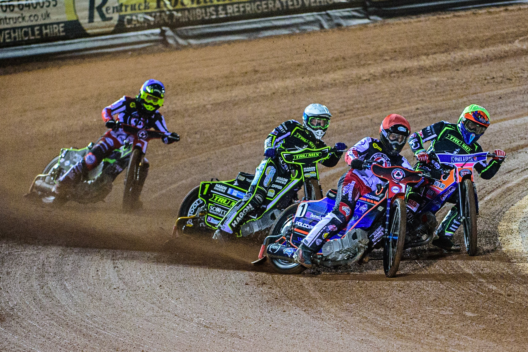 Brady Kurtz  (Red) leads Aaron Summers  (Yellow), Jason Doyle  (White) and Tom Brennan  (Blue) during the SGB Premiership Semi Final 2nd Leg between Belle Vue Aces and Ipswich Witches at the National Speedway Stadium, Manchester on Monday 3rd October 2022. (Credit: Ian Charles | MI News)