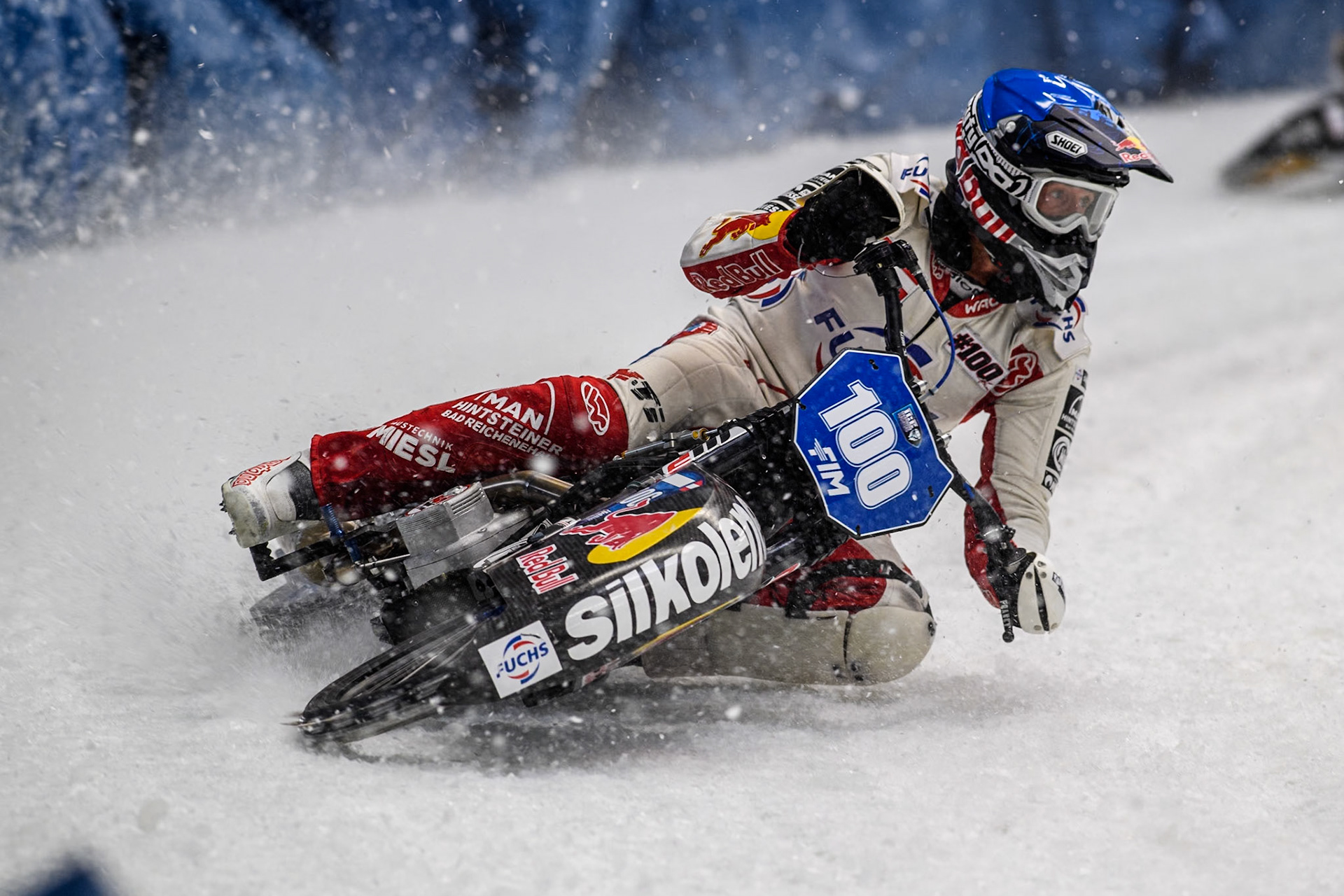 Austria's Franz Zorn (100) in action during the FIM Ice Speedway Gladiators World Championship Final 2 at the Max-Aicher-Arena, Inzell on Sunday 24 March 2024. (Photo: Ian Charles | MI News)