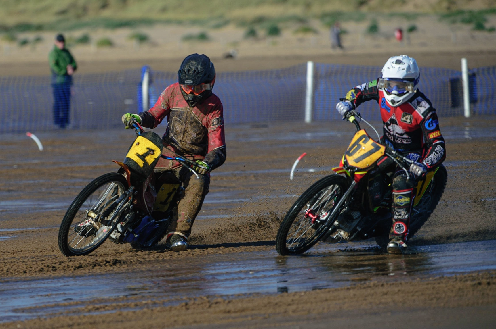 Paul Bowen (67) inside Billy Reve (1) during the Fylde ACU British Sand Racing Masters Championship on  Sunday 2nd October 2022. (Credit: Ian Charles | MI News)