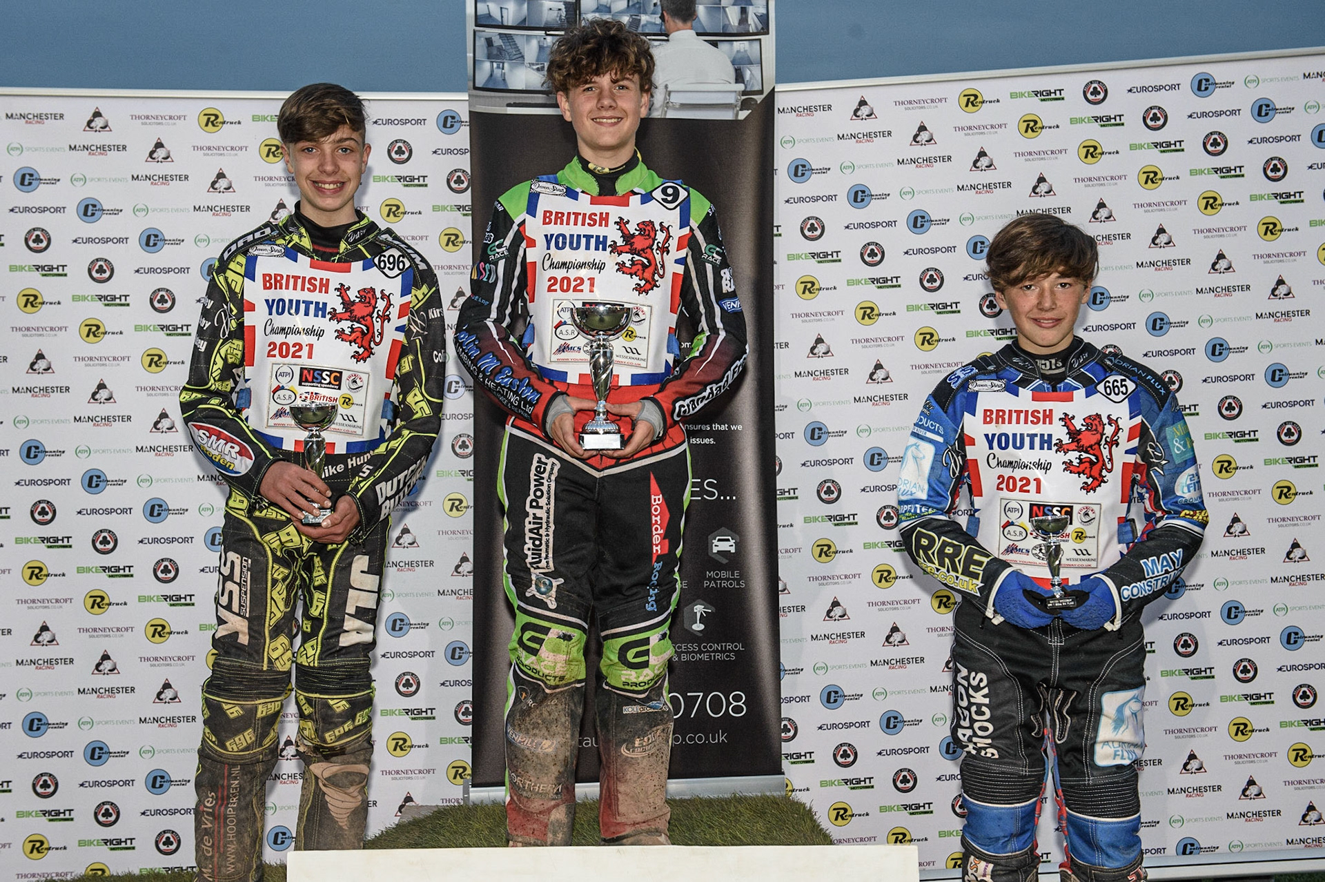 MANCHESTER, UK. MAY 28TH  250CC Top 3: (l-r) Ace Pijper (2nd), Luke Harrison (1st) and Jody Scott  (3rd) during the SGB National Development League match between Belle Vue Colts and Berwick Bullets at the National Speedway Stadium, Manchester on Friday 28th May 2021. (Credit: Ian Charles | MI News)