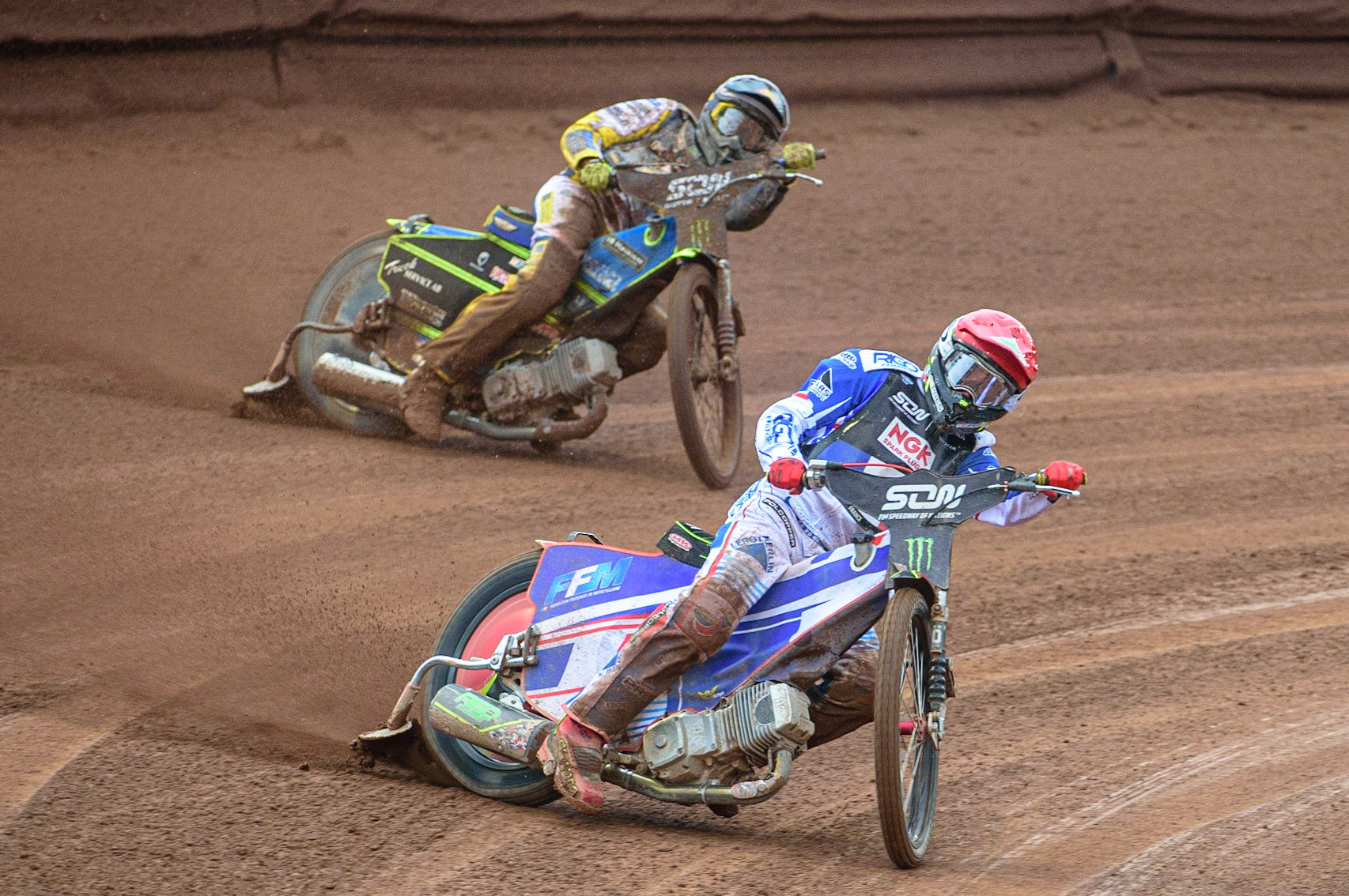 MANCHESTER, UK. OCT 17TH David Bellego of France (Red) leads Philip Hellström-Bangs of Sweden (White) during the Monster Energy FIM Speedway of Nations at the National Speedway Stadium, Manchester on Sunday  17th October 2021. (Credit: Ian Charles | MI News)