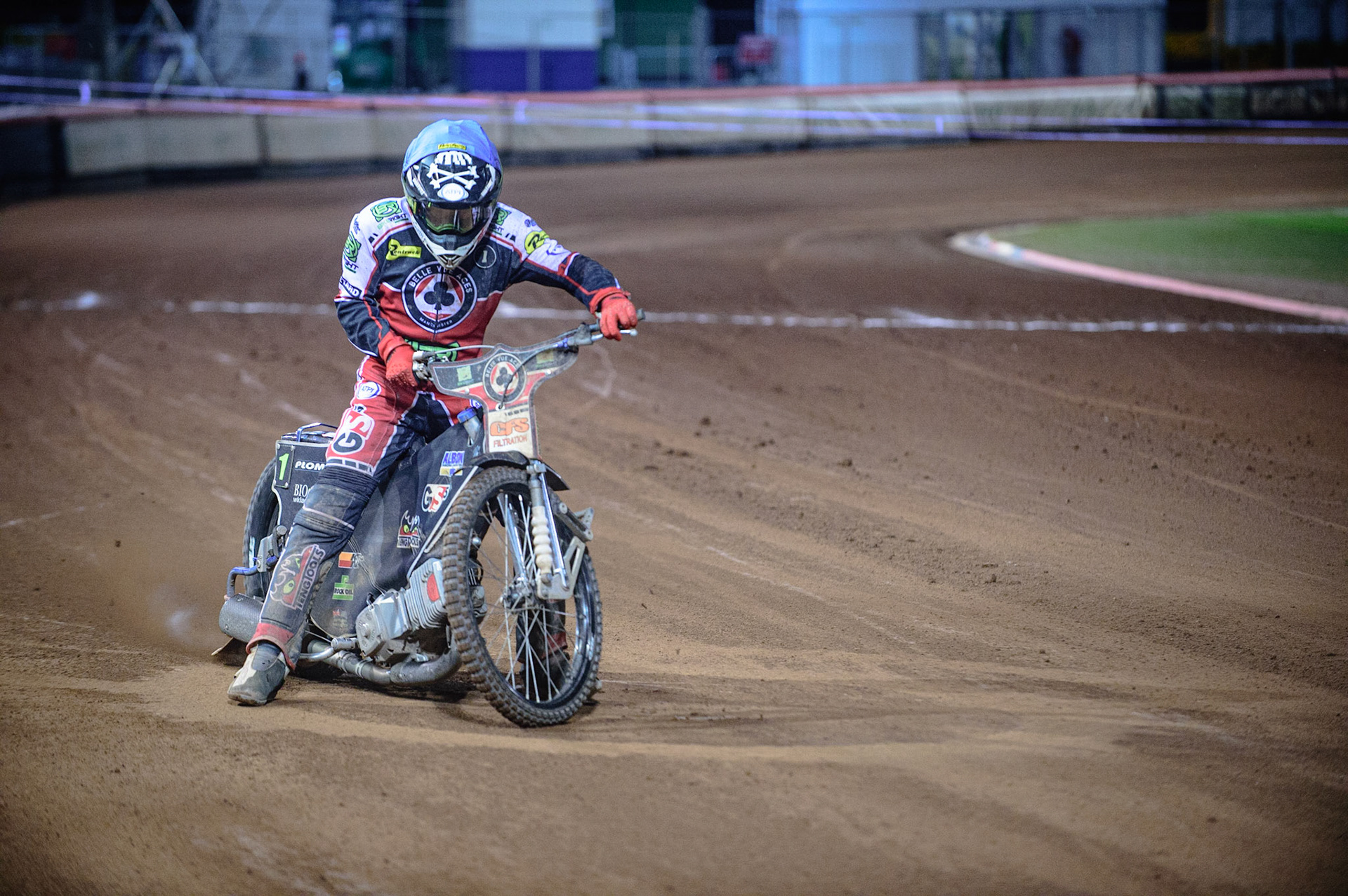 MANCHESTER, UK. OCT 11TH  Dan Bewley  does a do-nut on the track during the SGB Premiership Grand Final 1st Leg between Belle Vue Aces and Peterborough Panthers at the National Speedway Stadium, Manchester on Monday 11th October 2021. (Credit: Ian Charles | MI News)