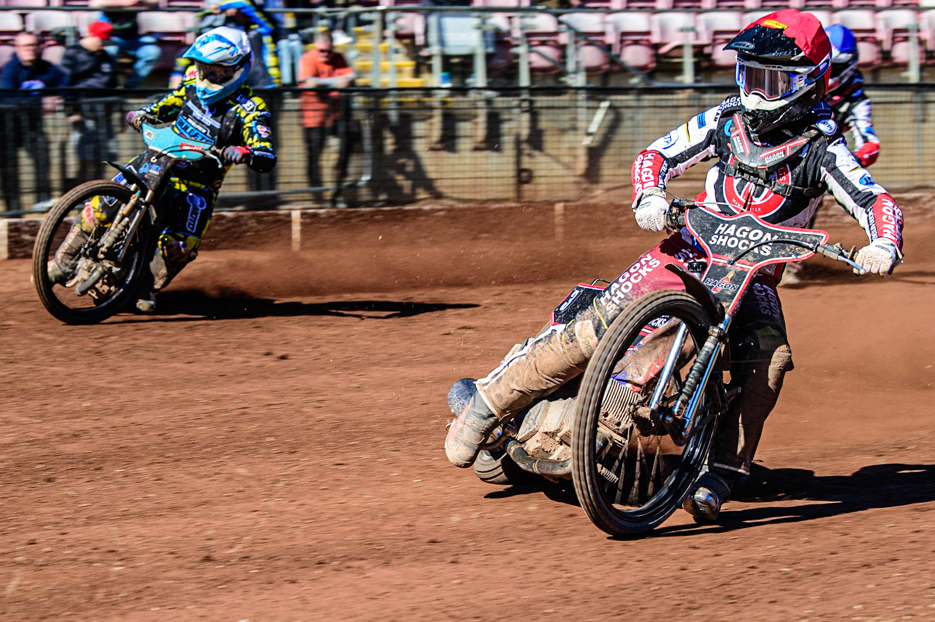 Sam Hagon  (Red) inside Jamie Halder (White) during the National Development League match between Belle Vue Colts and Berwick Bullets at the National Speedway Stadium, Manchester on Friday 7th April 2023. (Photo: Ian Charles | MI News)