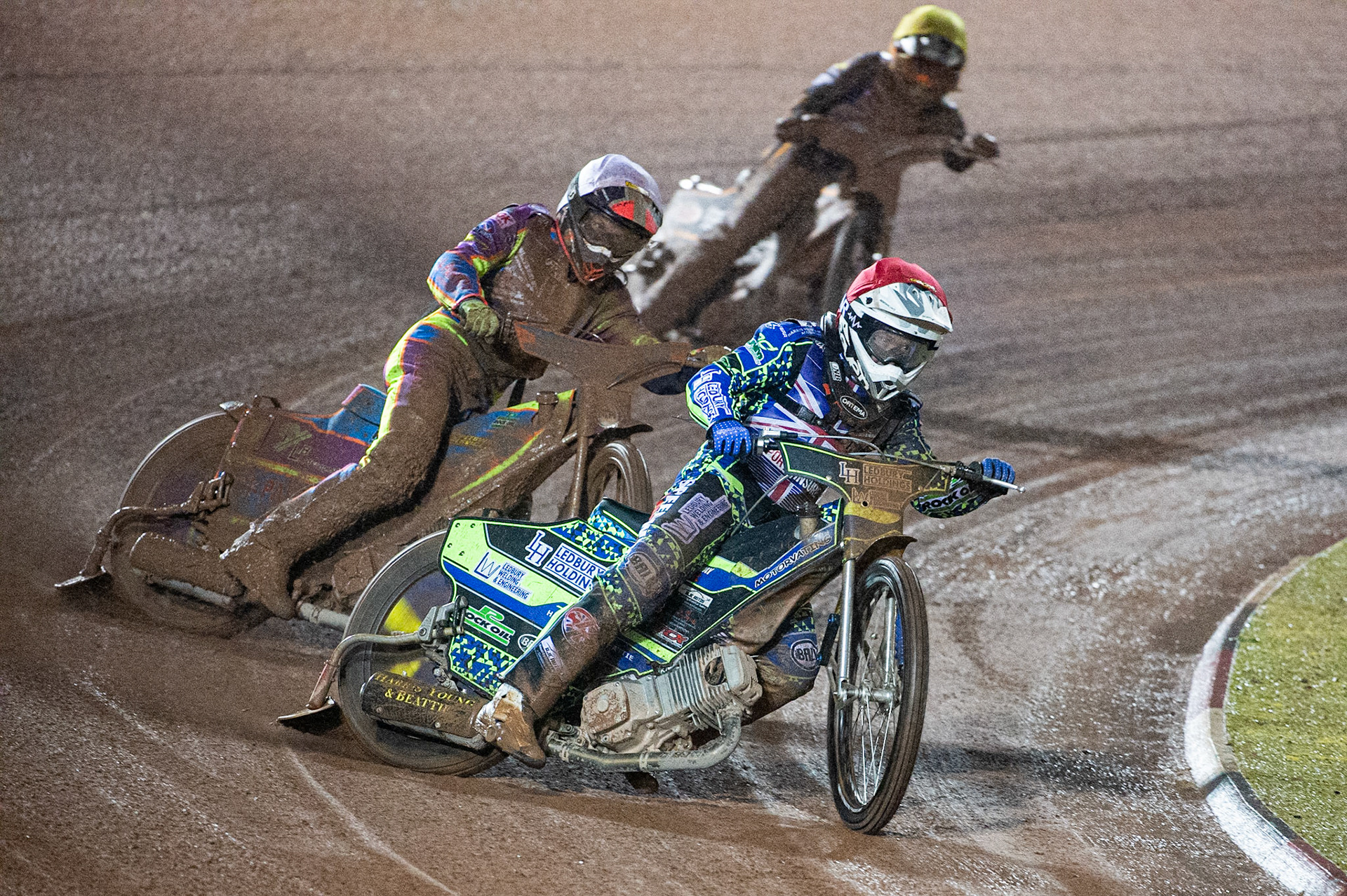 Photo: Ian CharlesPaul Starke   (Red)  leads   Rory Schlein  (White)  and Ben Barker   (Yellow) Sports Insure British Speedway Championship Final, National Speedway Stadium, Manchester Monday  28  September  2020