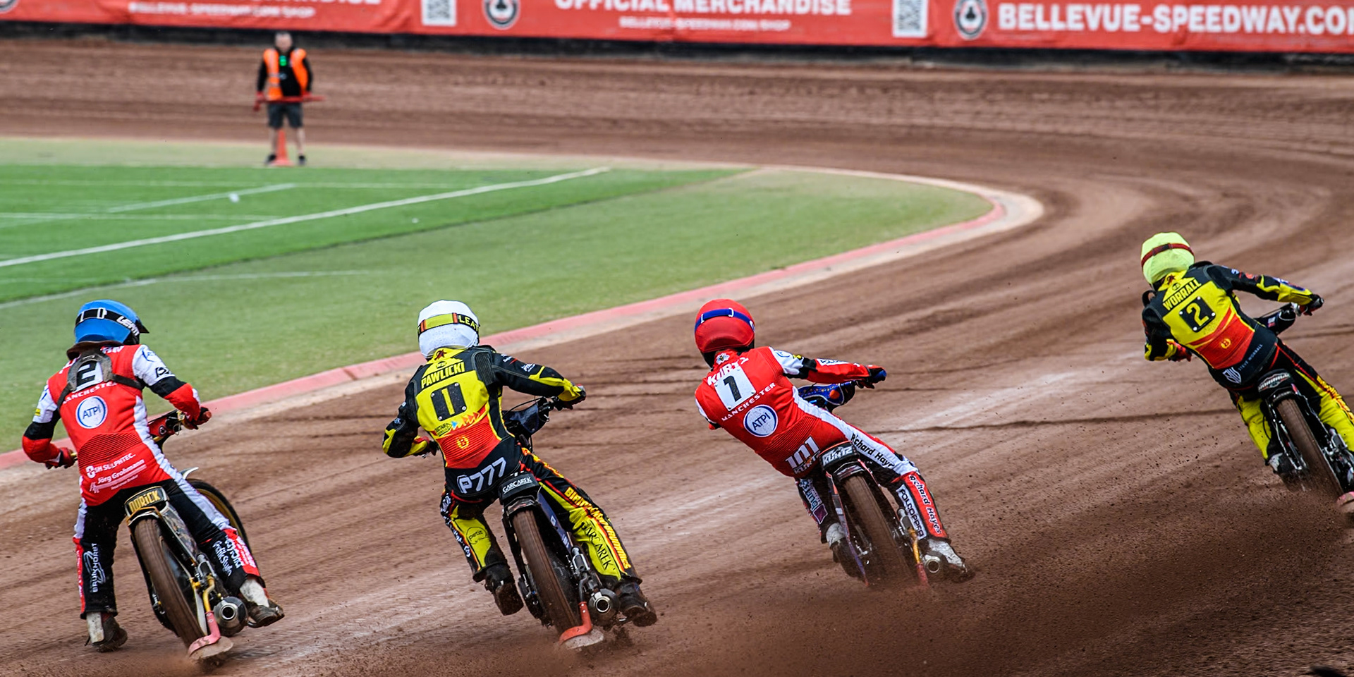 (L to R) Belle Vue Aces' Norick Blödorn  in Blue, Birmingham Brummies' Piotr Pawlicki  in White, Belle Vue Aces' Brady Kurtz  in Red and Birmingham Brummies' Steve Worrall  in Yellow during the Rowe Motor Oil Premiership match between Belle Vue Aces and Birmingham Brummies at the National Speedway Stadium, Manchester on Monday 6th May 2024. (Photo: Ian Charles | MI News)
