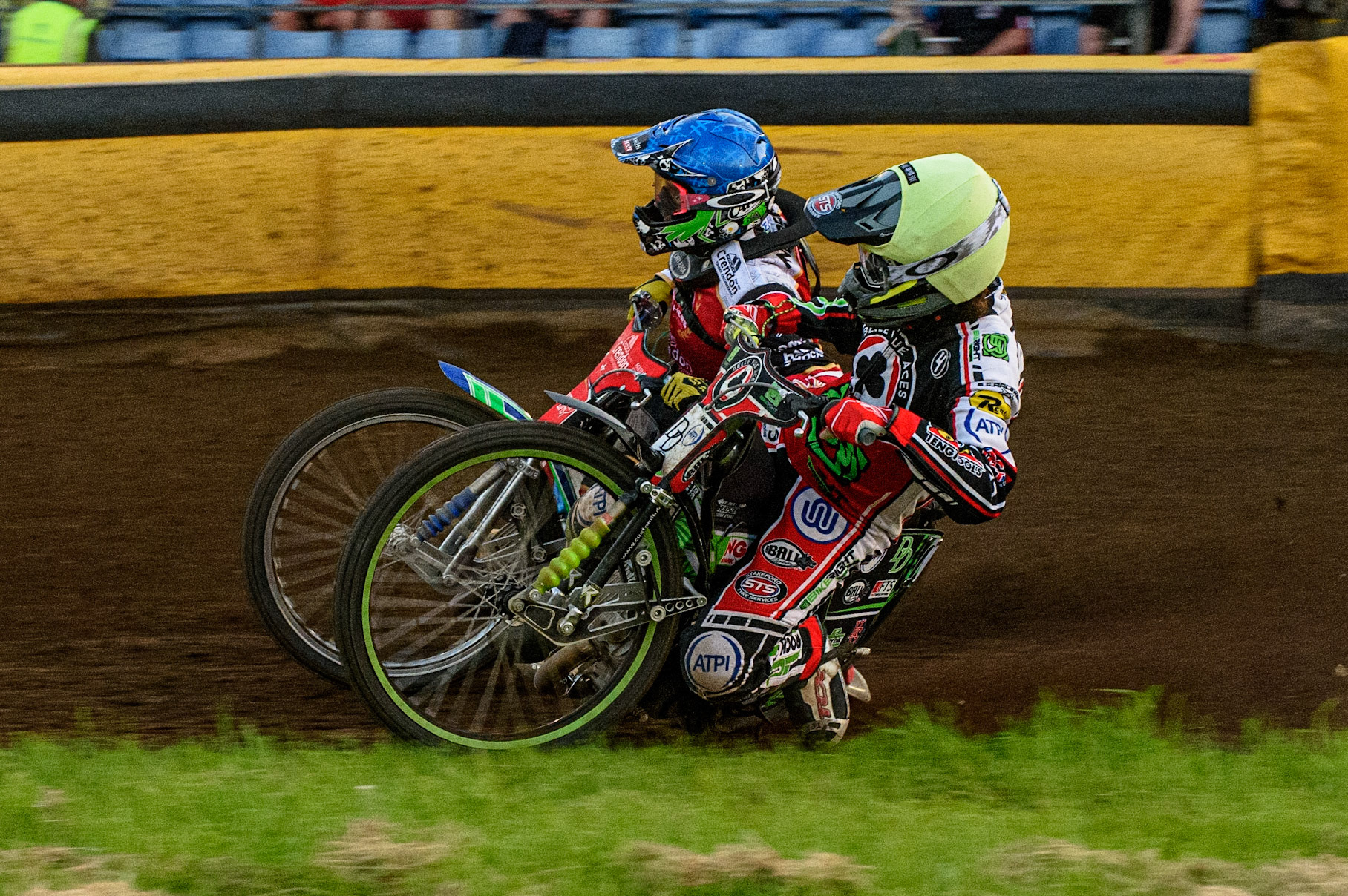 PETERBOROUGH, UK. JULY 19TH   Charles Wright  (Yellow) forces his way past Hans Andersen (Blue) to help the Aces to a Maximum Points heat win during the SGB Premiership match between Peterborough and Belle Vue Aces at East of England Showground, Peterborough on Monday 19th July 2021. (Credit: Ian Charles | MI News)