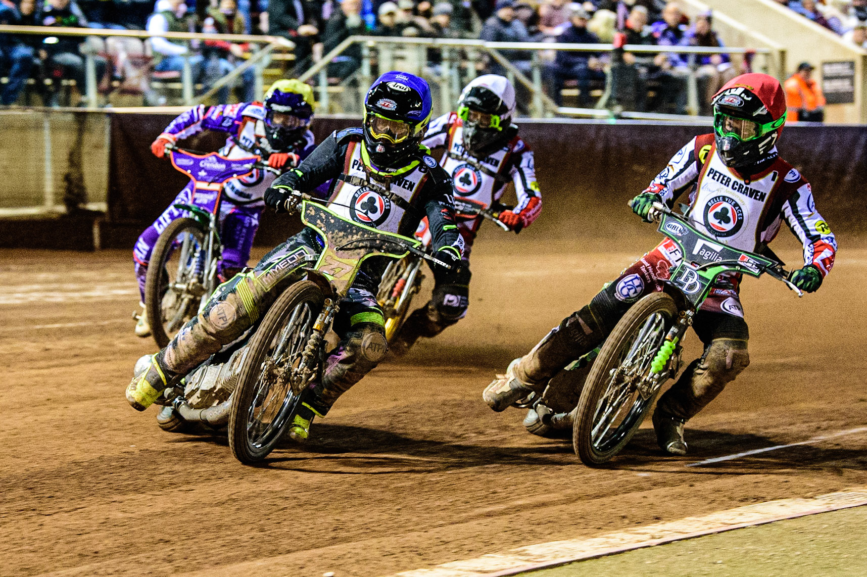 Tom Brennan  (Blue) leads Charles Wright  (Red) Norick Blodorn  (White) and Hans Andersen  (Yellow) during the Peter Craven Memorial Trophy  at the National Speedway Stadium, Manchester on Monday 3rd April 2023. (Photo: Ian Charles | MI News)