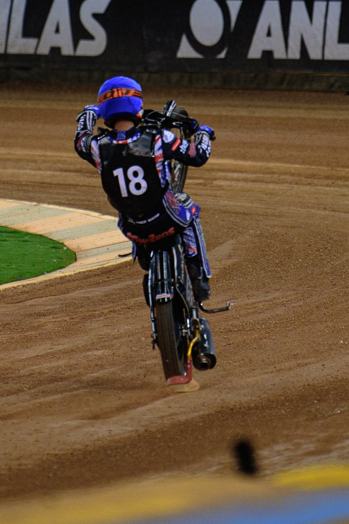 during the FIM  Speedway Grand Prix  2 of Great Britain at the Principality Stadium, Cardiff on Sunday 14th August 2022. (Credit: Ian Charles | MI News)Jason Edwards (Great Britain) does a wheelie after his final race of the day