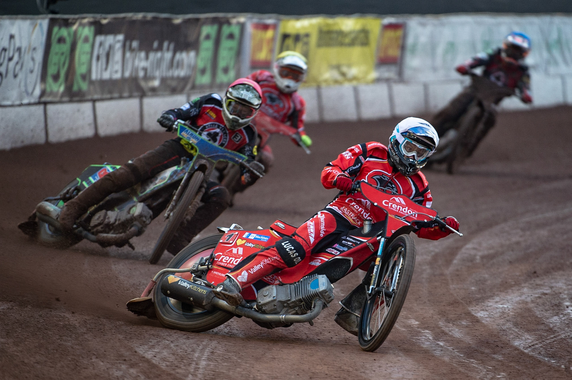 Photo by Ian Charles:

Rohan Tungate  (White) leads Dan Bewley (Red), Lasse Bjerre  (Yellow) and Ricky Wells (Blue)

Belle Vue Aces v Peterborough Panthers, British Speedway Premiership, National Speedway Stadium, Manchester, Monday, 29, April, 2019