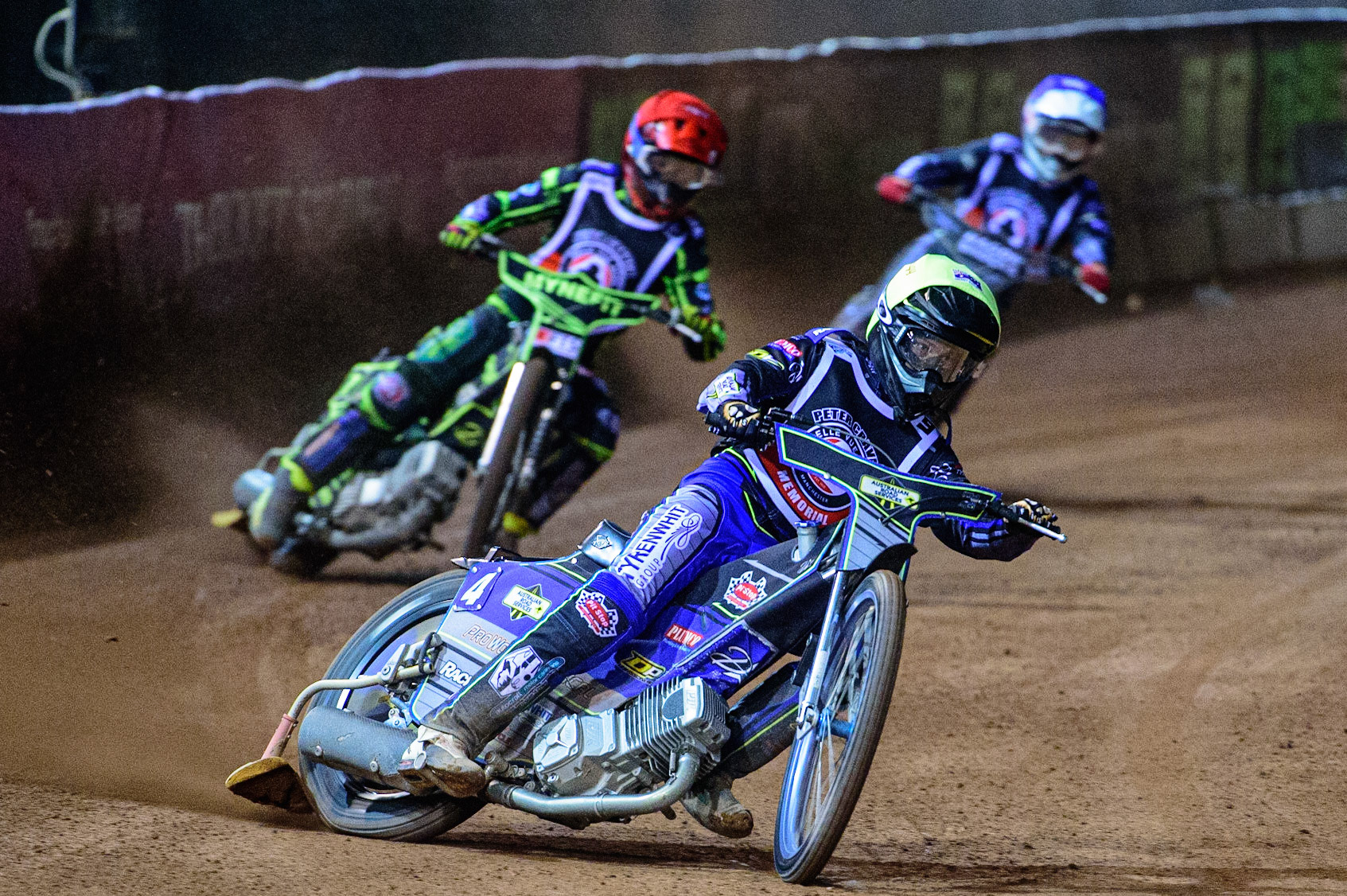 MANCHESTER, UK. OCT 23RD  Ryan Douglas  (Yellow) leads Jye Etheridge  (Red) and Broc Nicol  (Blue) during the Peter Craven Memorial Trophy event at the National Speedway Stadium, Manchester on Saturday 23rd October 2021. (Credit: Ian Charles | MI News)