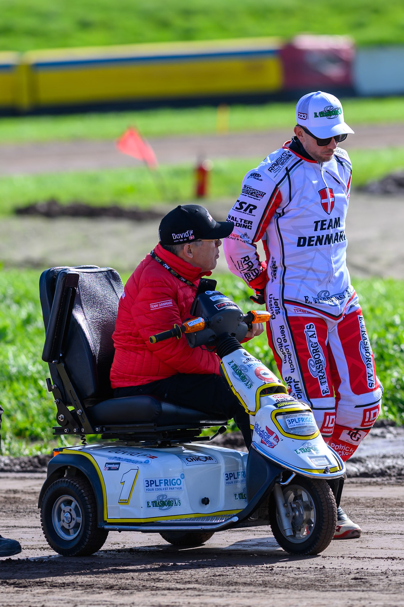 Erik Gundersen, Team Manager of Denmark (Left) with Kenneth Kruse Hansen (1) of Denmark on the track walk during practice for  the FIM Long Track of Nations 2026 at the Speed Centre Roden in the Netherlands on Sunday 20th September 2026. (Photo: Ian Charles | MI News)