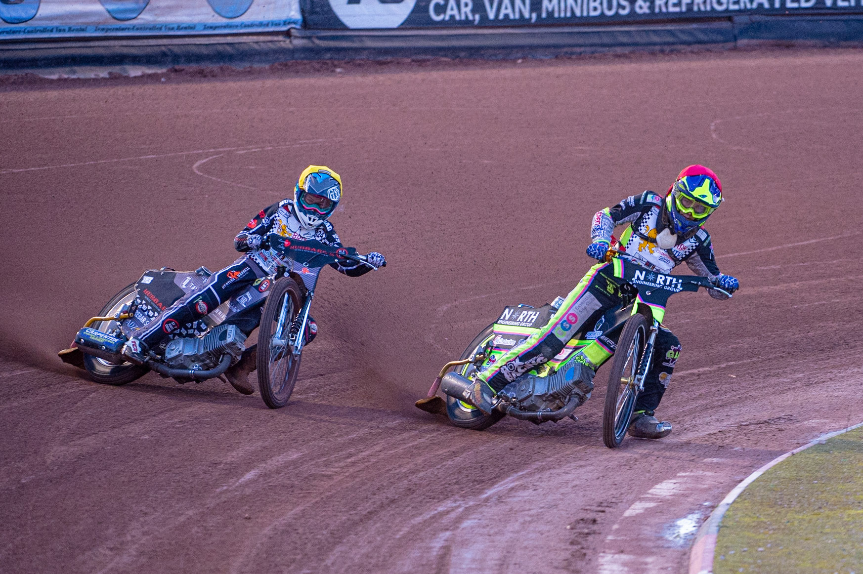 Photo: Ian CharlesAlex Goldsborough (Red) inside Vinnie Foord (Yellow) (500cc B Class) British Youth Speedway Championship (Round 5), National Speedway Stadium, Manchester Saturday  10  October  2020