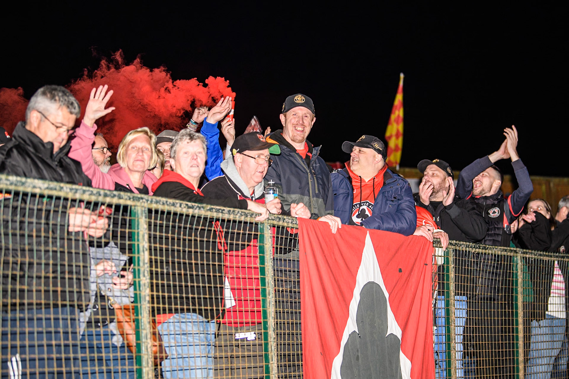 Belle Vue ATPI Aces fans celebrating during the Rowe Motor Oil Premiership Grand Final 2nd Leg between Leicester Lions and Belle Vue Aces at the Pidcock Motorcycles Arena, Leicester on Thursday 26th September 2024. (Photo: Ian Charles | MI News)