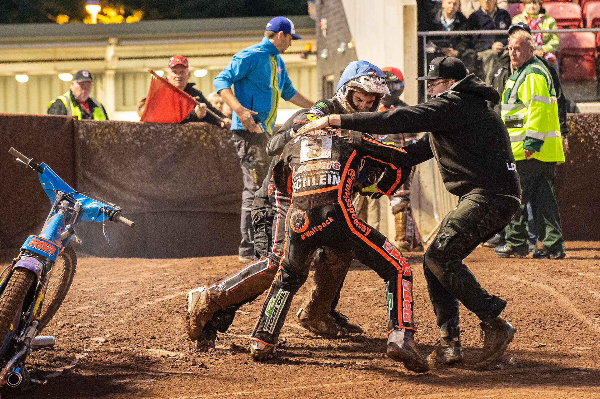 Photo by Ian Charles:

A scuffle breaks out between Rory Schlein  and Steve Worrall  after heat 10 

Belle Vue Aces v Wolverhampton Wolves, SGB Premiership, National Speedway Stadium, Manchester, Monday, 19, August, 2019