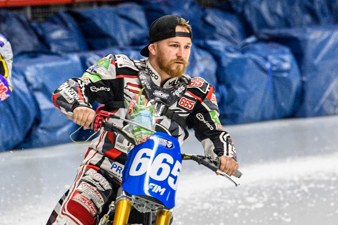 Austria's Charly Ebner (665) during the FIM Ice Speedway Gladiators World Championship Final 1 at the Max-Aicher-Arena, Inzell on Saturday 23 March 2024. (Photo: Ian Charles | MI News)