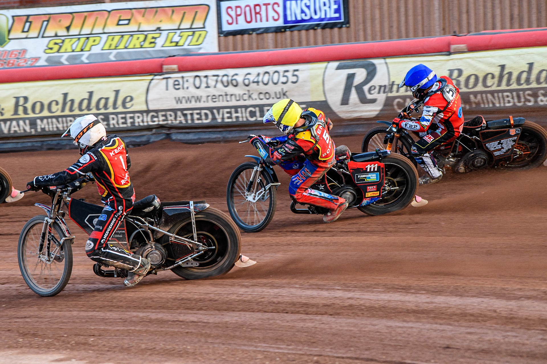 Ben Morley (White) inside Jacob Hook (Yellow) and Jack Smith (Blue) during the National Development League match between Belle Vue Colts and Kent Royals at the National Speedway Stadium, Manchester on Friday 7th July 2023. (Photo: Ian Charles | MI News)