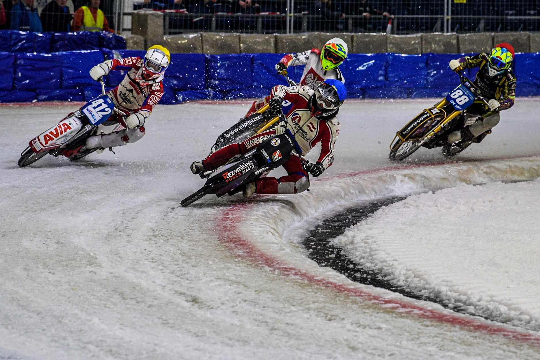 Martin Posch of Austria in Blue rides inside Niek Schaap of The Netherlands in Yellow with Michał Knapp of Poland in White and Maximilian Niedermaier of Germany in Red behind during the Roelof Thijs Bokaal at Ice Rink Thialf, Heerenveen, The Netherlands on Friday 5th April 2024. (Photo: Ian Charles | MI News)
