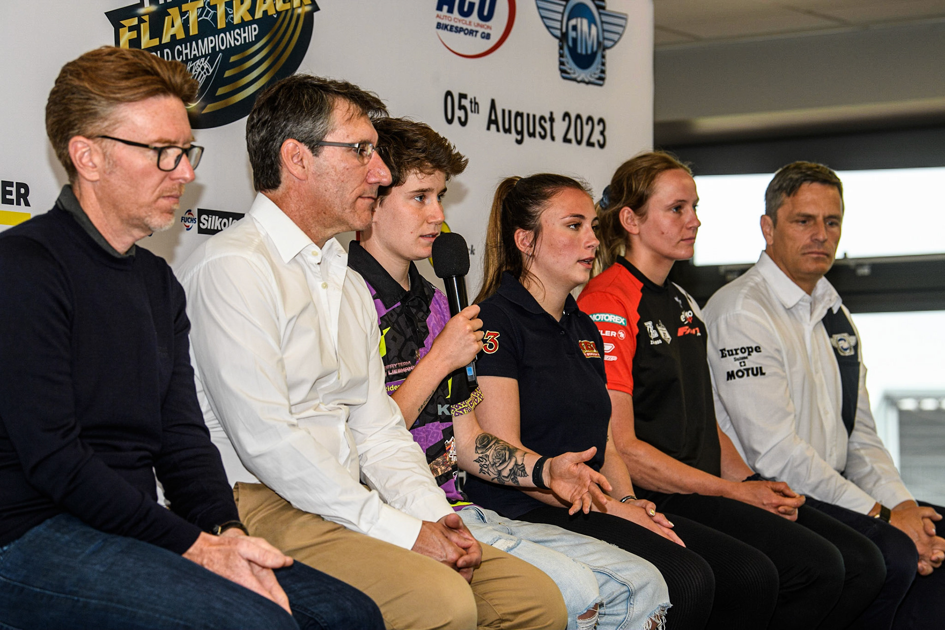 The Women’s Speedway Academy (WSA) Panel: (l - r) Former World Speedway Champion Jason Crump, Belle Vue CEO Mark Lemon, Celina Liebmann, Katie Gordon, World Enduro Champion Jane Daniels, and British Speedway CEO Phil Morris during the FIM Flat Track World Championship &amp; FIM Women's Speedway Academy Launch at the National Speedway Stadium, Manchester on Monday 3rd July 2023. (Photo: Ian Charles | MI News)