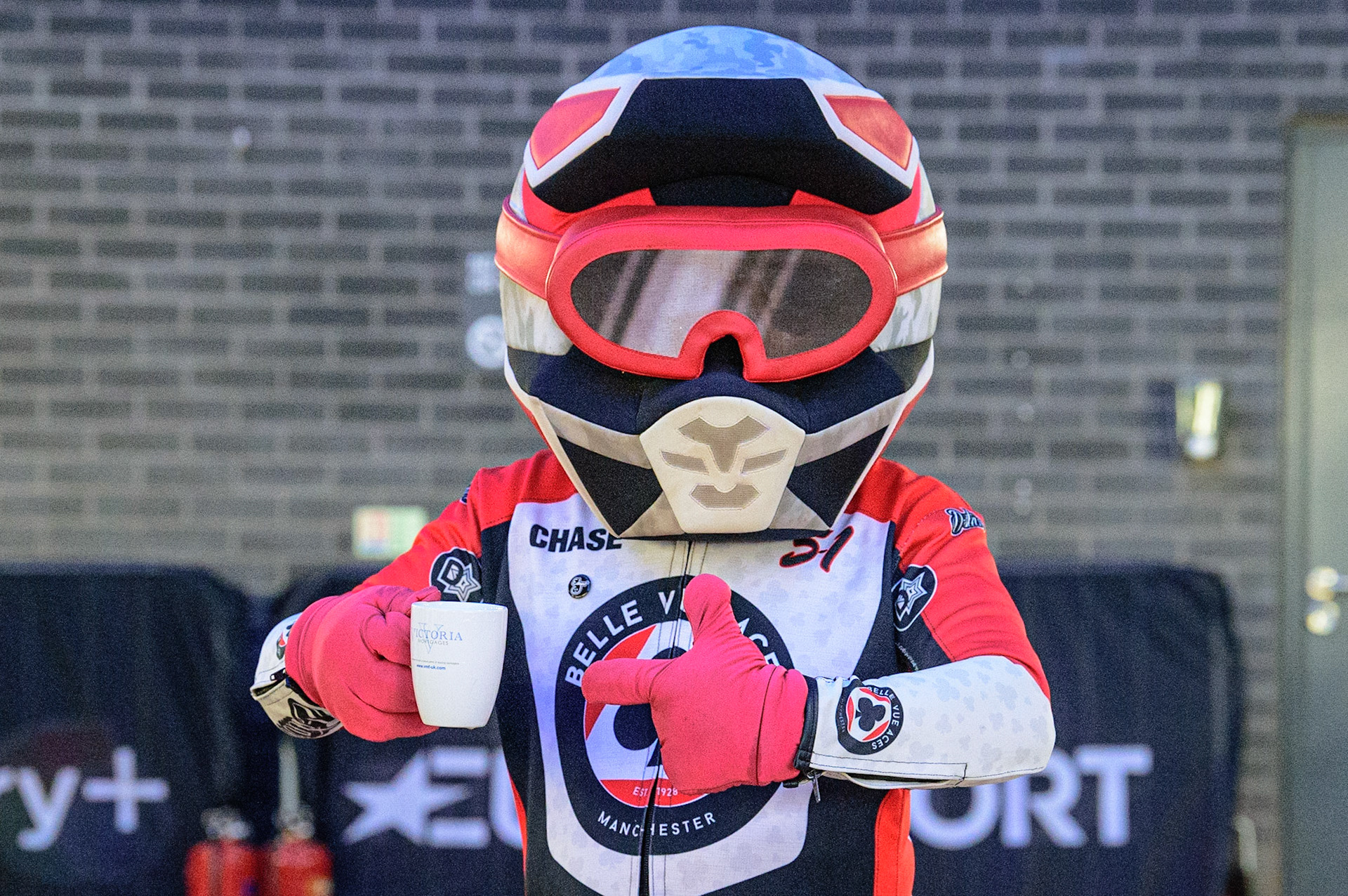 MANCHESTER UK  “Time for a brew’ Aces mascot Chase The Ace during the SGB Premiership match between Belle Vue Aces and King's Lynn Stars at the National Speedway Stadium, Manchester on Monday 11th July 2022. (Credit: Ian Charles | MI News)