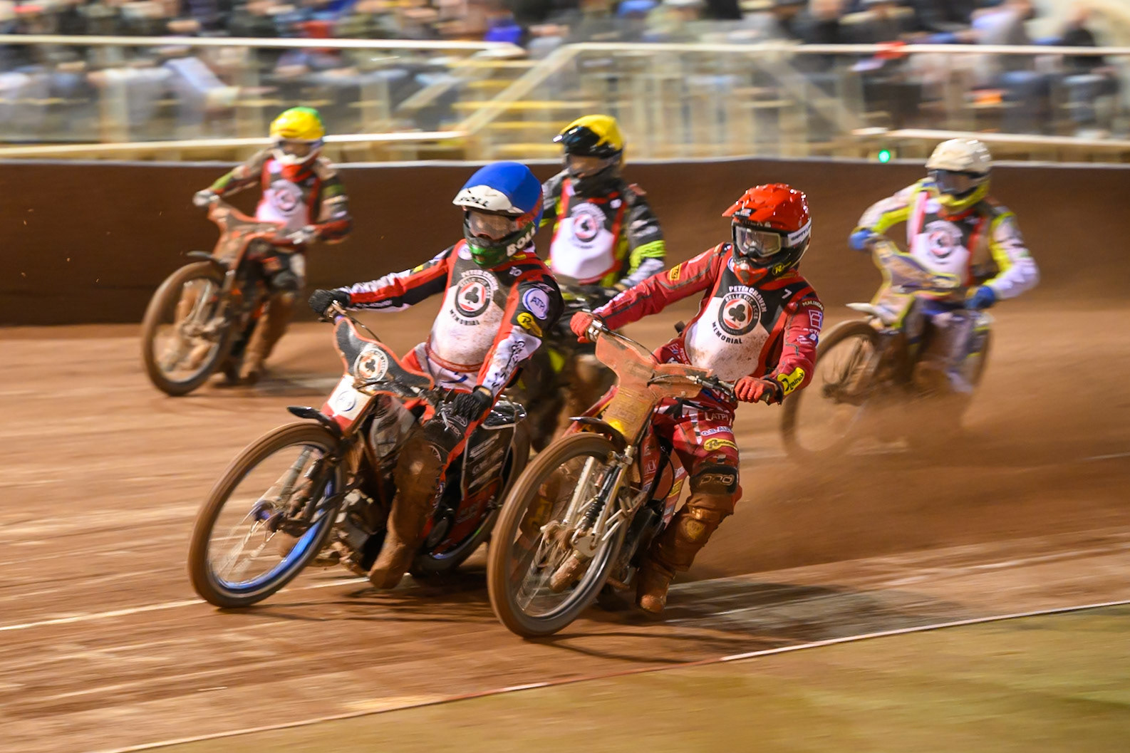 Five Rider Semi Final: Max Fricke in Red and Brady Kurtz in Blue leading Chris Harris  in White, Adam Ellis  in Yellow and Jan Kvech  in Green during the Peter Craven Memorial Trophy at the National Speedway Stadium, Manchester, on Monday 16th March 2026. (Photo: Ian Charles | MI News)