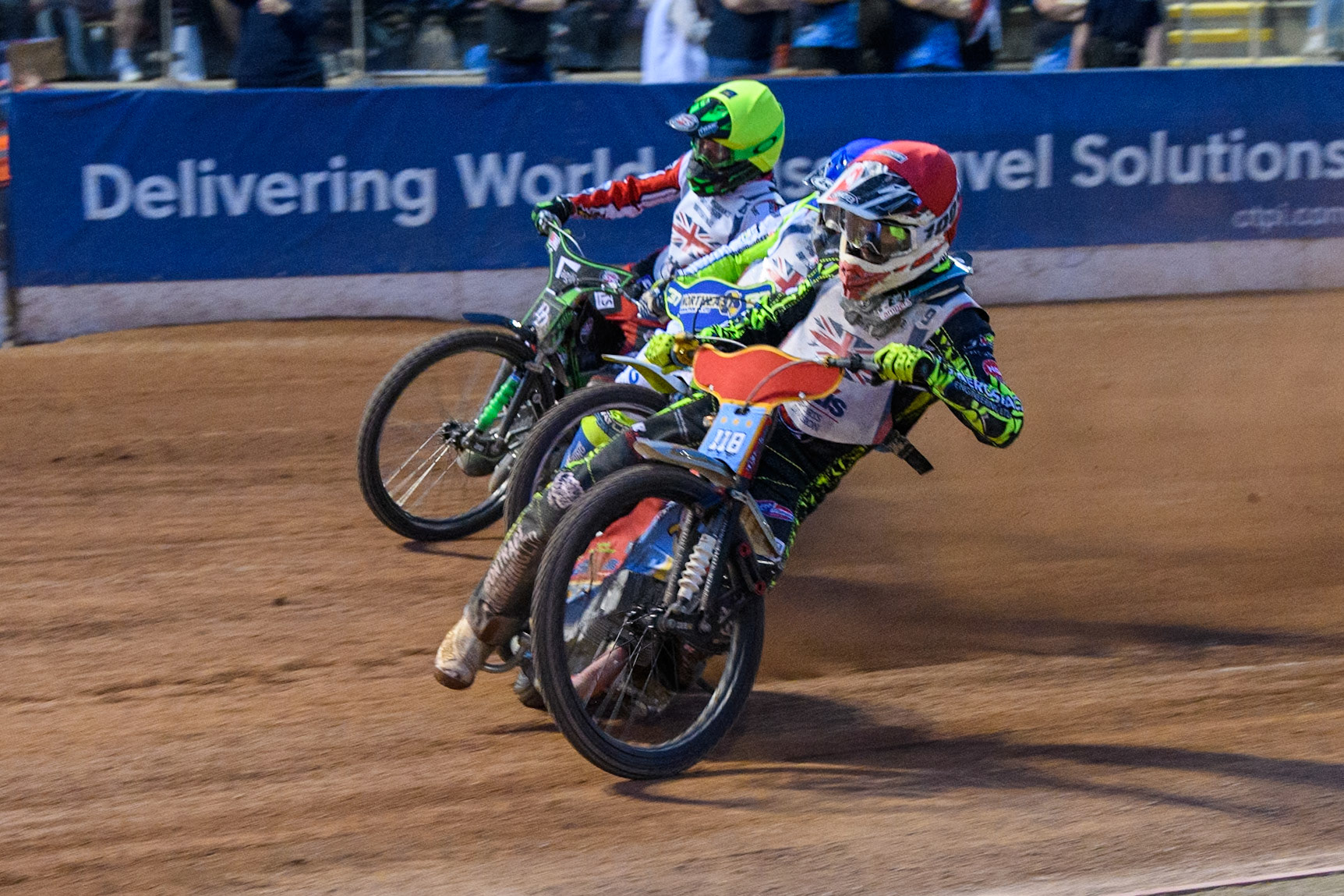 Drew Kemp in Red rides inside Chris Harris in Blue and Charles Wright in Yellow behind during the Attis Insurance Sports Division British Final at the National Speedway Stadium, Manchester on Monday 12th May 2025. (Photo: Ian Charles | MI News)