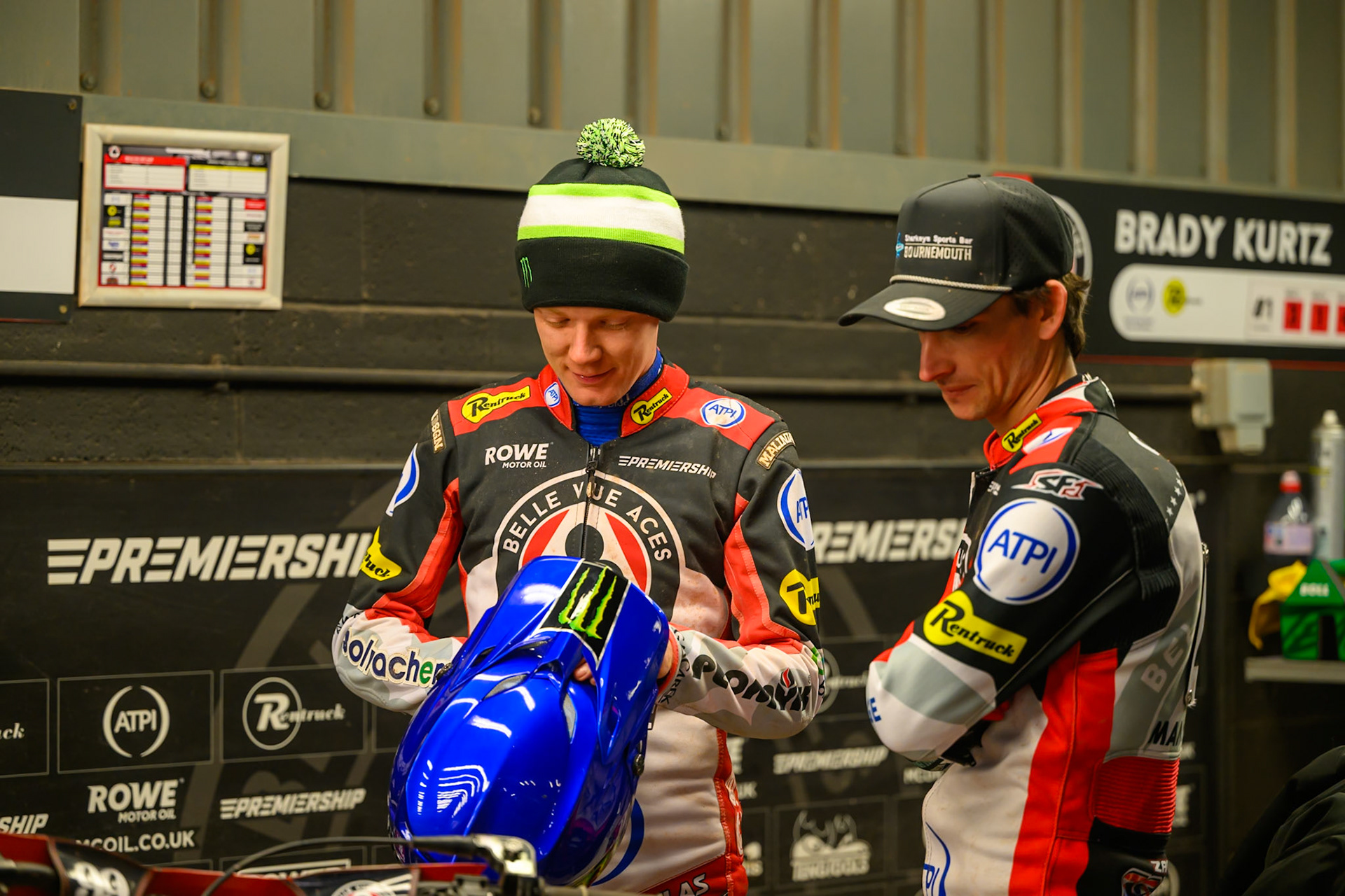 Dan Bewley of Belle Vue Aces  (Left) with Zach Cook of Belle Vue Aces  during the Rowe Motor Oil Premiership match between Belle Vue Aces and Ipswich Witches at the National Speedway Stadium, Manchester on Monday 20th April 2026. (Photo: Ian Charles | MI News)