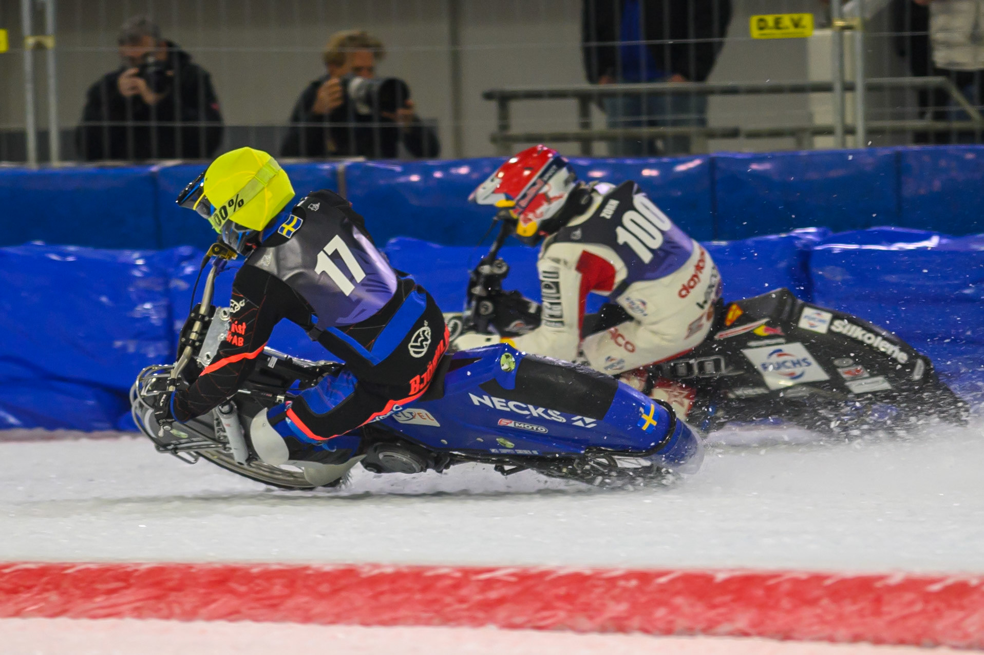 Melwyn Bjorklin (17) of Sweden  in Yellow rides inside Franz Zorn (100) of Austria  in Red during the FIM Ice Speedway Gladiators World Championship Final 3 at Ice Rink Thialf, Heerenveen on Saturday 11th April 2026. (Photo: Ian Charles | MI News)