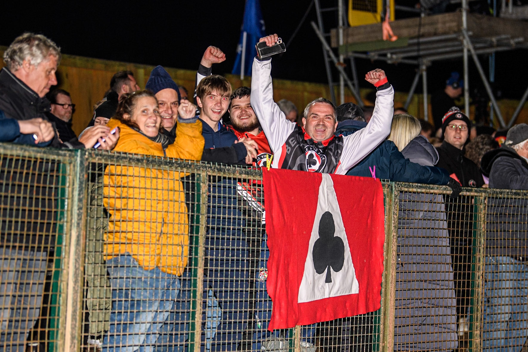 Belle Vue ATPI Aces fans celebrating during the Rowe Motor Oil Premiership Grand Final 2nd Leg between Leicester Lions and Belle Vue Aces at the Pidcock Motorcycles Arena, Leicester on Thursday 26th September 2024. (Photo: Ian Charles | MI News)