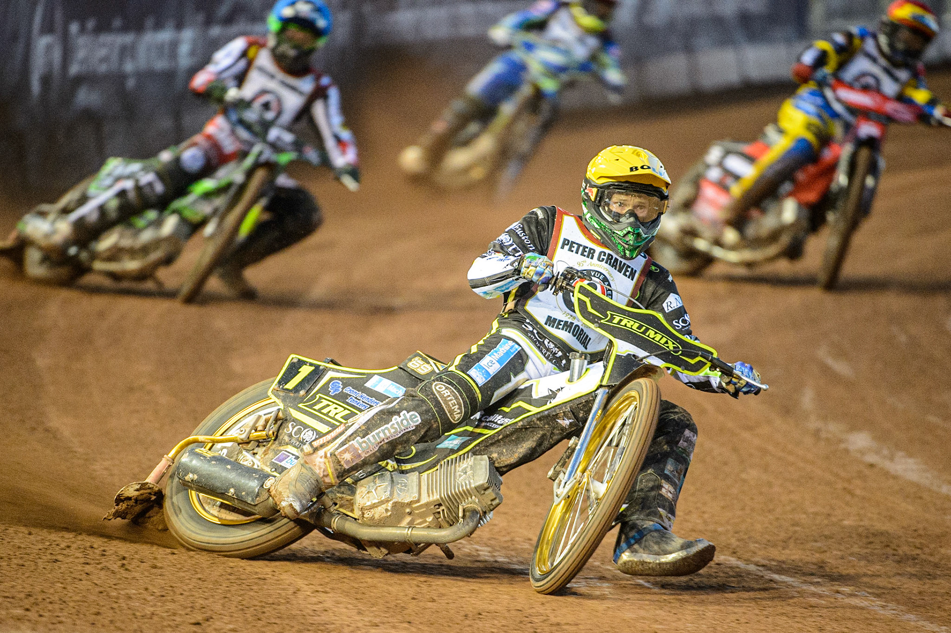 Jason Doyle (Yellow)  leads Charles Wright  (Blue), Tobiasz Musielak  (Red) and Chris Harris  (White) during the Peter Craven Memorial Trophy  at the National Speedway Stadium, Manchester on Monday 3rd April 2023. (Photo: Ian Charles | MI News)
