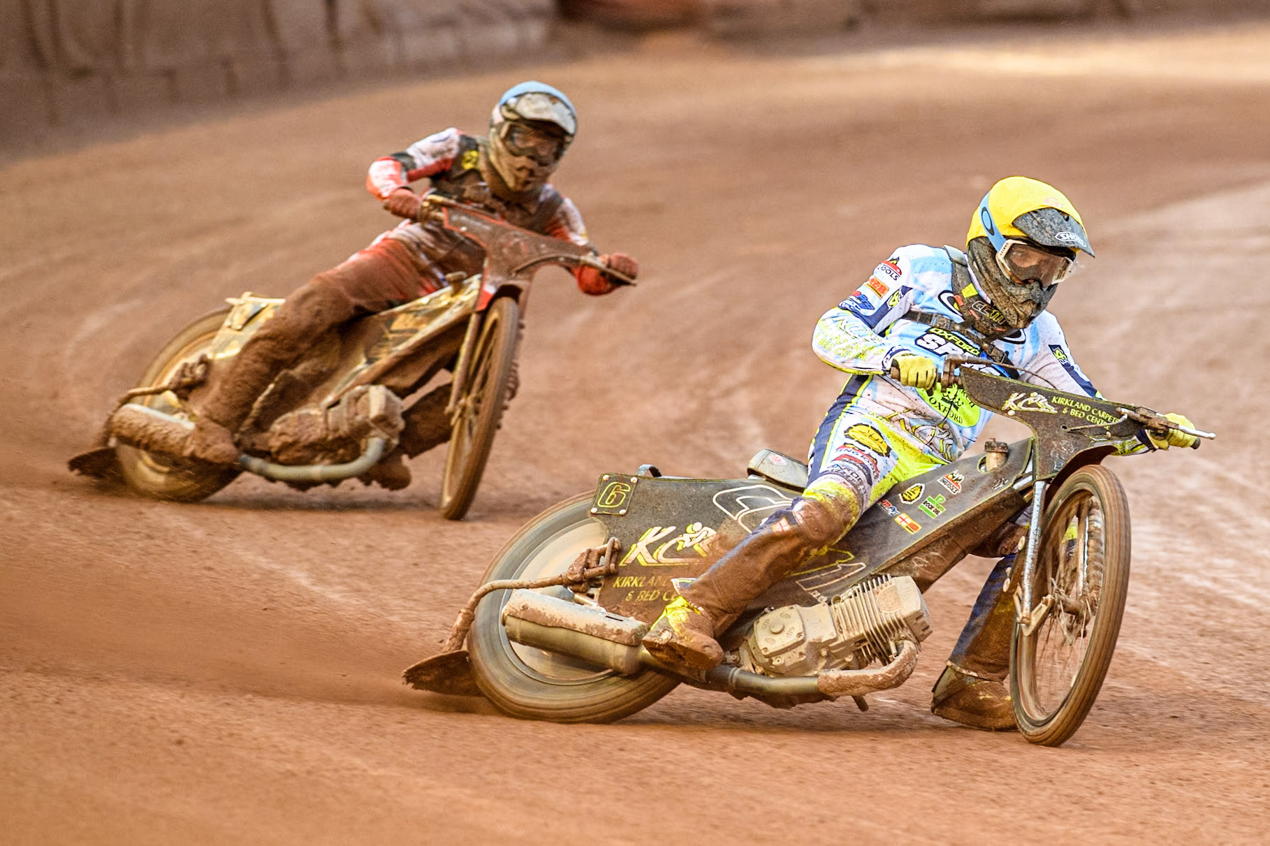Oxford Spires' Craig Cook in Yellow leading Belle Vue Aces' Norick Blodorn in Blue during the Rowe Motor Oil Premiership match between Belle Vue Aces and Oxford Spires at the National Speedway Stadium, Manchester on Monday 13th May 2024. (Photo: Ian Charles | MI News)