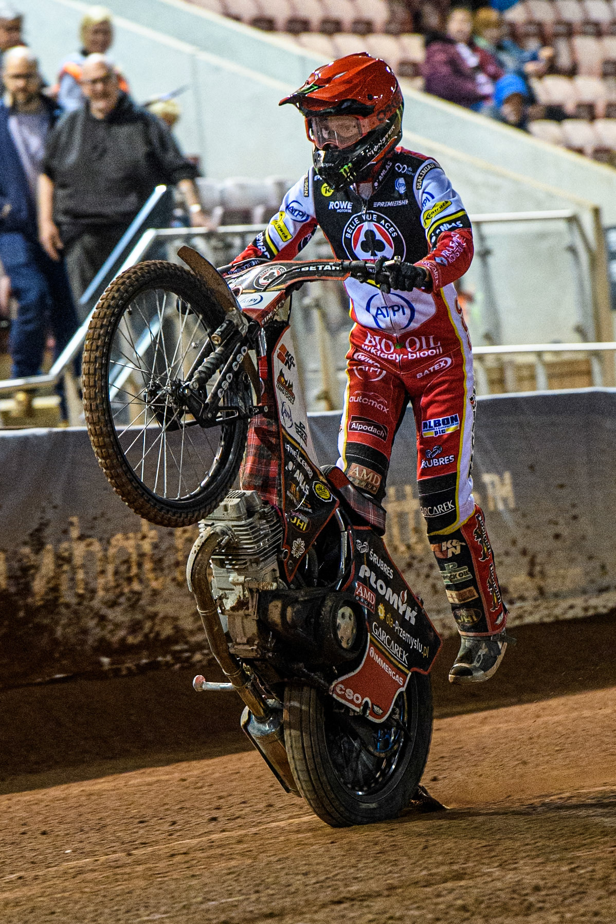 Dan Bewley of Belle Vue Aces celebrates with a wheelie during the Rowe Motor Oil Premiership match between Belle Vue Aces and King's Lynn Stars at the National Speedway Stadium, Manchester on Monday 5th April 2025. (Photo: Ian Charles | MI News)