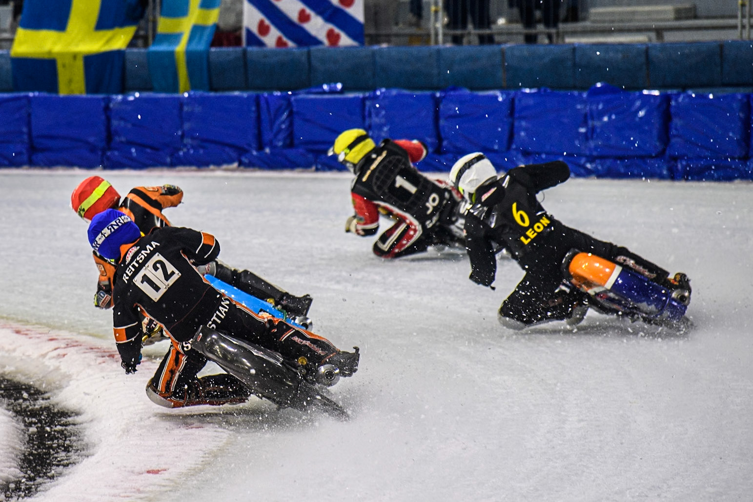 Sebastian Reitsma of The Netherlands in Blue chases Leon Kramer of The Netherlands in White, Jo Saetre of Norway in Yellow and Melwin Björklin of Sweden in Red during the Roelof Thijs Bokaal, Ice Rink Thialf, Heerenveen, Netherlands on Friday 4th April 2025. (Photo: Ian Charles | MI News)