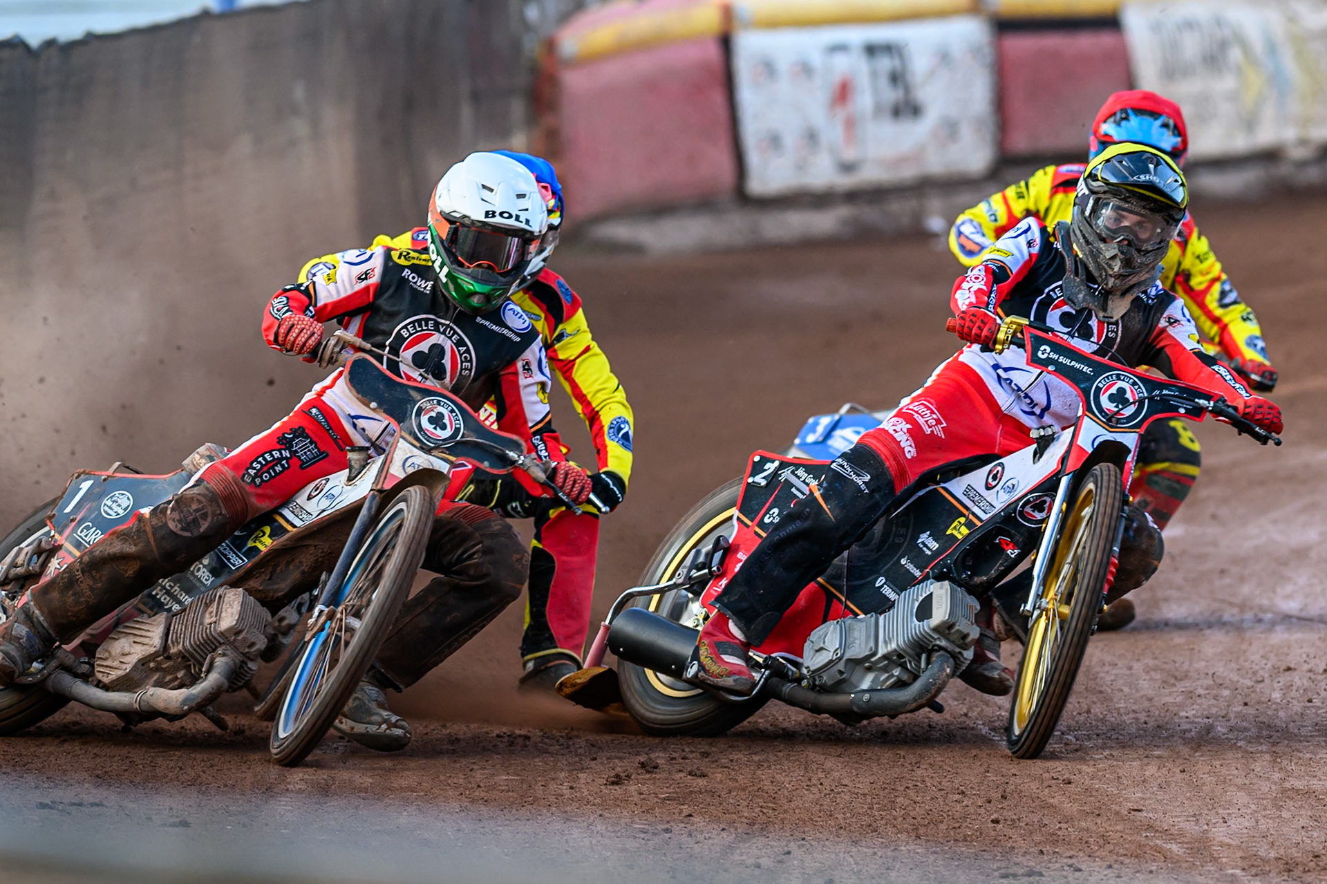 Belle Vue Aces' Brady Kurtz in White and Belle Vue Aces' Norick Blodorn   in Yellow leading Birmingham Brummies' Keynan Rew in Blue and Birmingham Brummies' Jonas Jeppesen  in Red during the Rowe Motor Oil Premiership match between Birmingham Brummies and Belle Vue Aces at Perry Barr Stadium, Birmingham on Monday 28th July 2025. (Photo: Ian Charles | MI News)