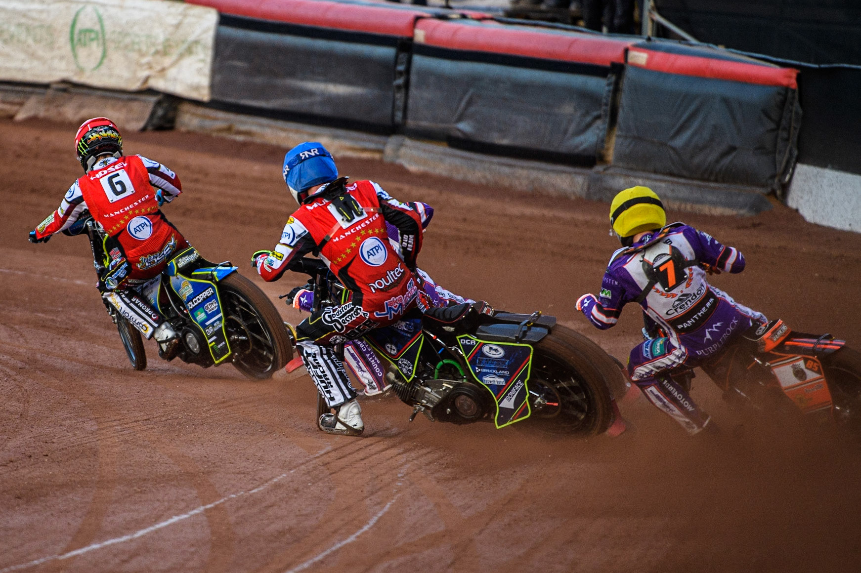Jake Mulford  (Blue) chases Jordan Jenkins  (Yellow), and Jaimon Lidsey  (Red) during the SGB Premiership match between Belle Vue Aces and Peterborough at the National Speedway Stadium, Manchester on Monday 24th April 2023. (Photo: Ian Charles | MI News)
